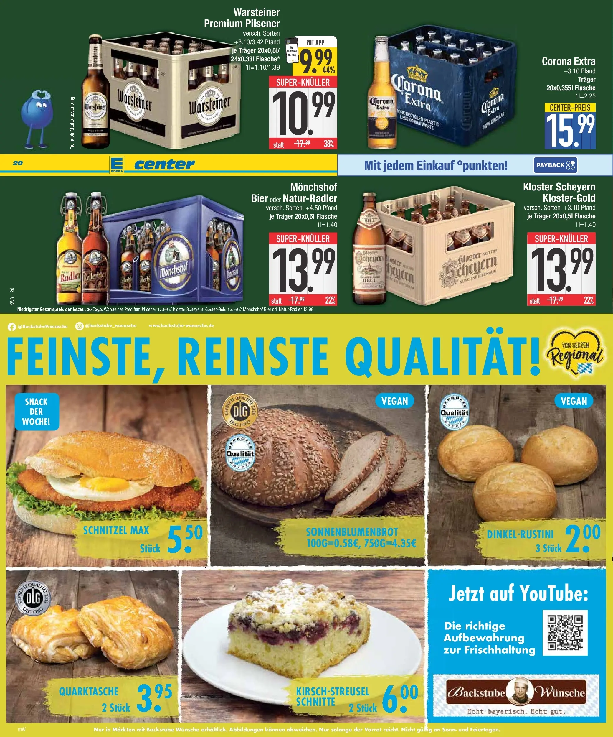 E center Prospekt München (ab 27.07.2026) zum Blättern | Seite: 20 | Produkte: Monchshof, Bier, Schnitzel, Warsteiner