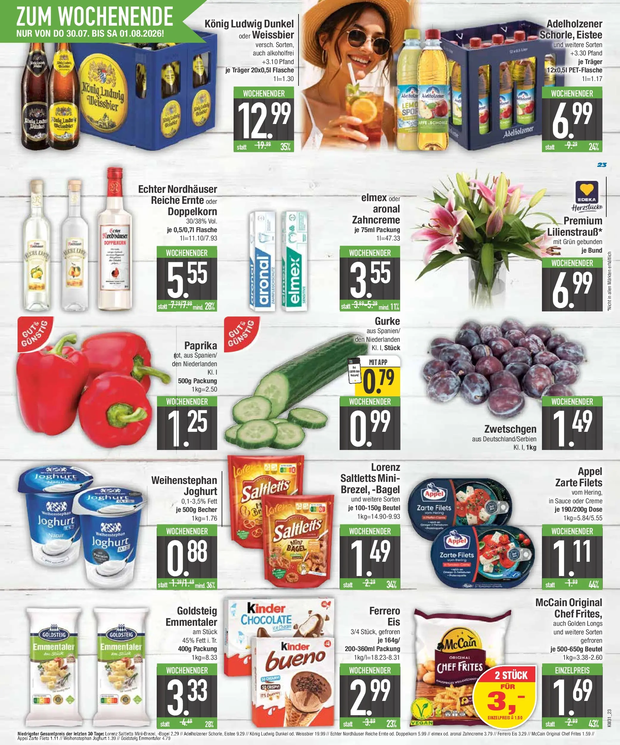E center Prospekt München (ab 27.07.2026) zum Blättern | Seite: 25 | Produkte: Weißbier, Adelholzener, McCain, Eis