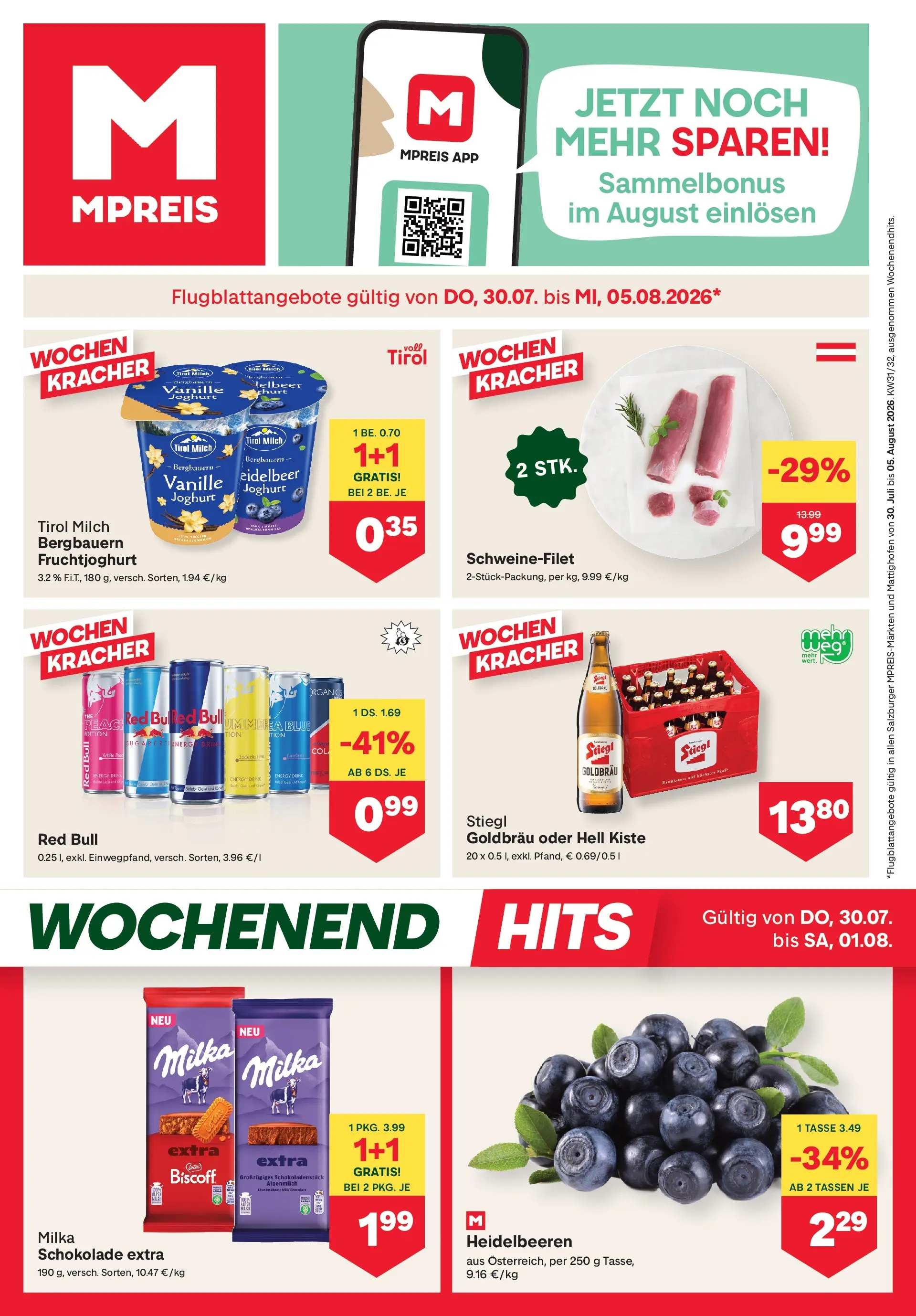 MPREIS Saalbach von 30.07.2026 - Aktuelle Angebote | Seite: 1 | Produkte: Milch, Joghurt, Schokolade