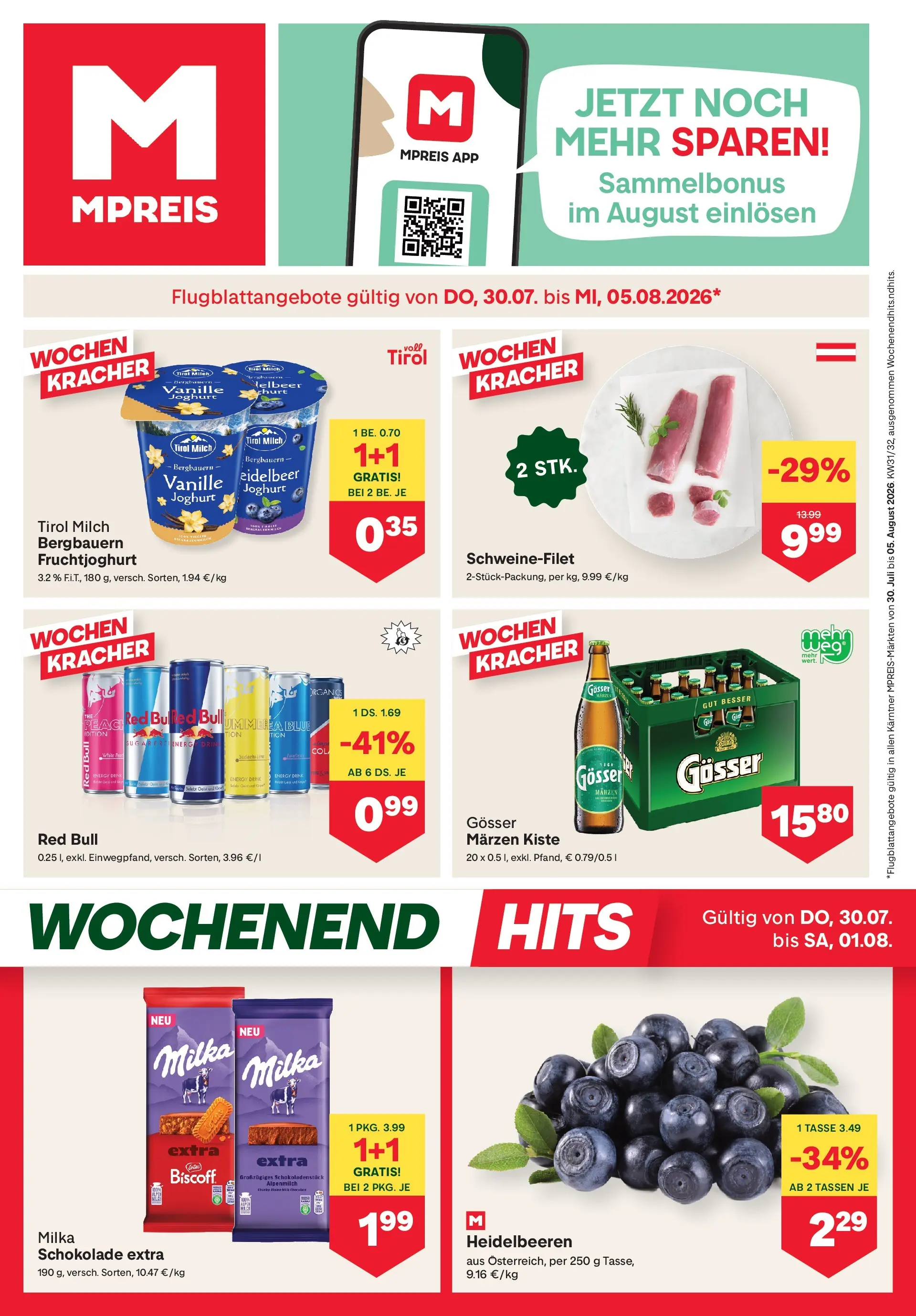 MPREIS Velden von 30.07.2026 - Aktuelle Angebote | Seite: 1 | Produkte: Milch, Joghurt, Schokolade