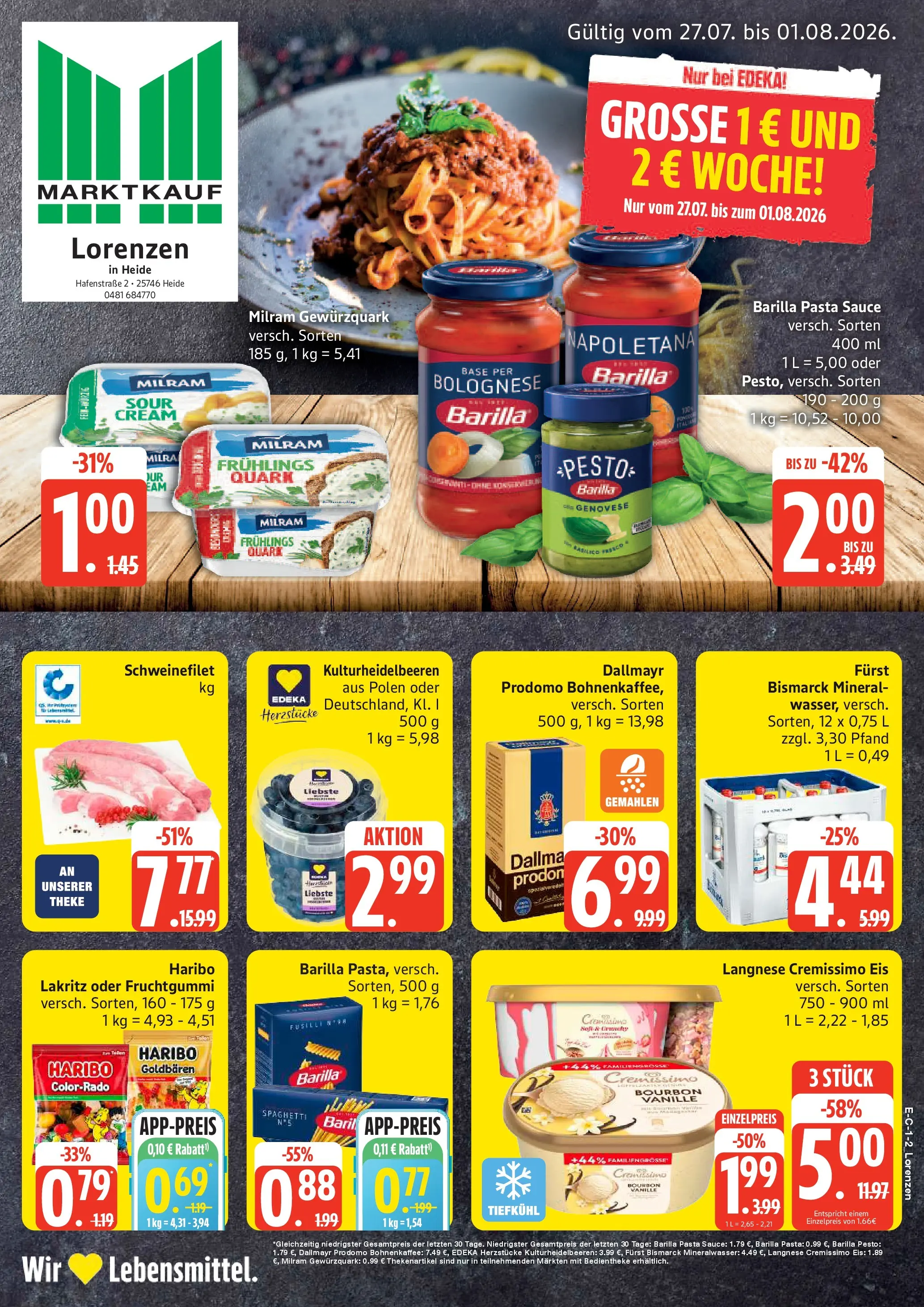 Marktkauf Prospekt Heide (ab 27.07.2026) » Angebote online | Seite: 1 | Produkte: Haribo, Milram, Bourbon, Eis