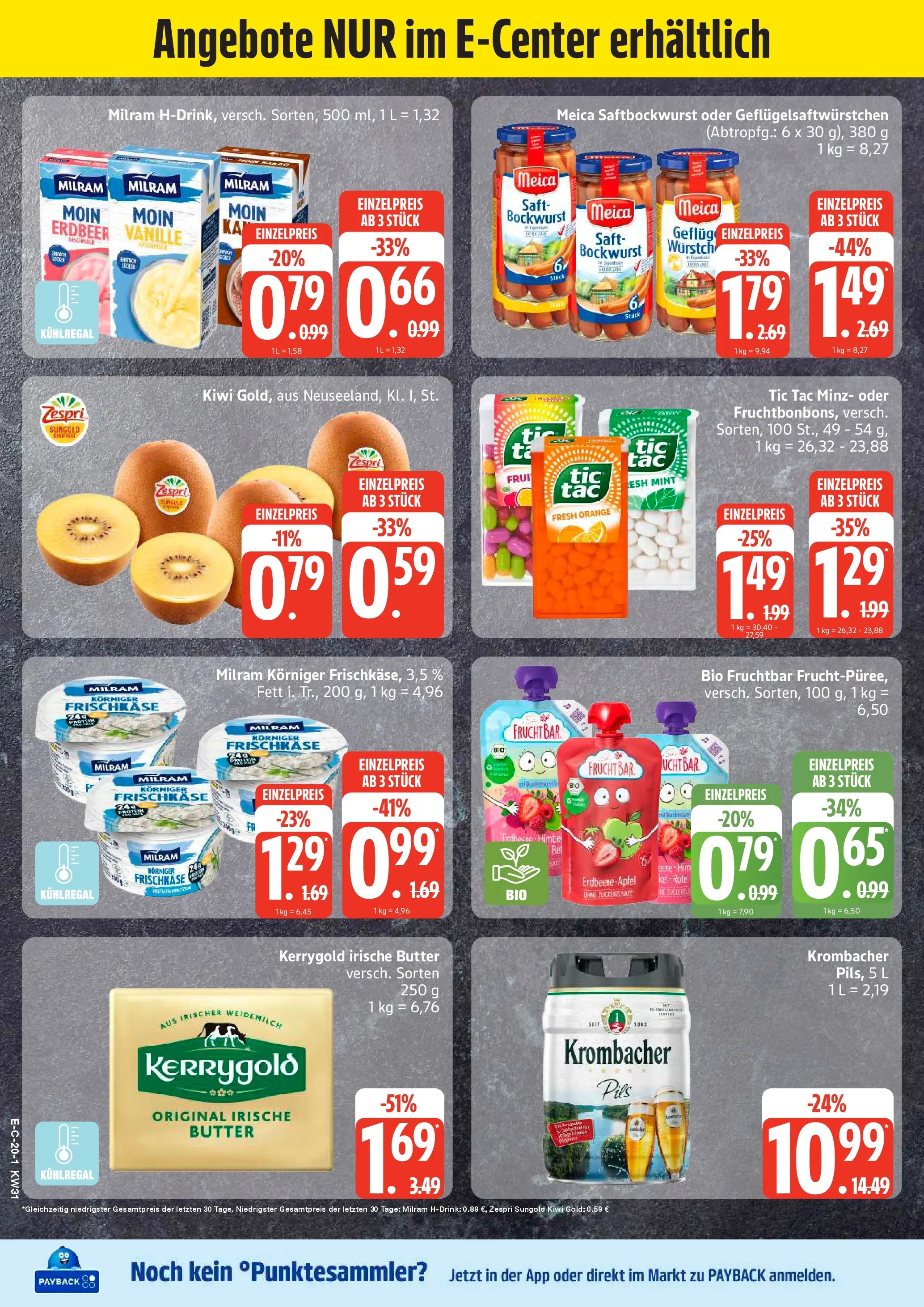 E center Prospekt Stralsund (ab 27.07.2026) zum Blättern | Seite: 23 | Produkte: Bockwurst, Meica, Milram, Frischkase