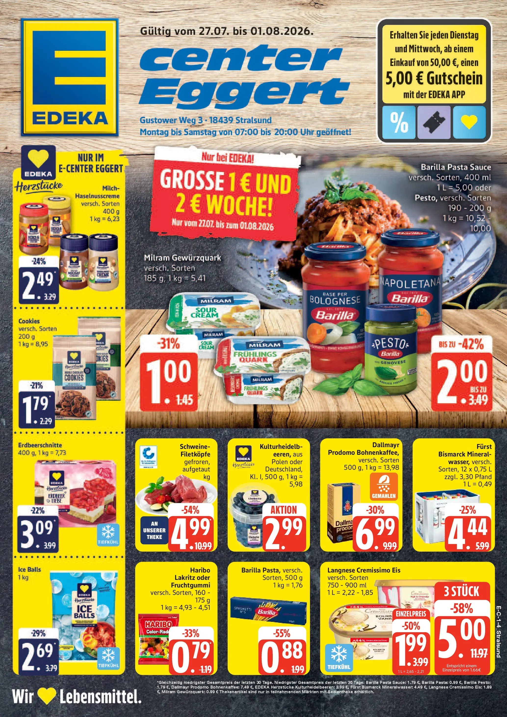E center Prospekt Stralsund (ab 27.07.2026) zum Blättern | Seite: 1 | Produkte: Milch, Barilla pesto, Mineralwasser, Dallmayr