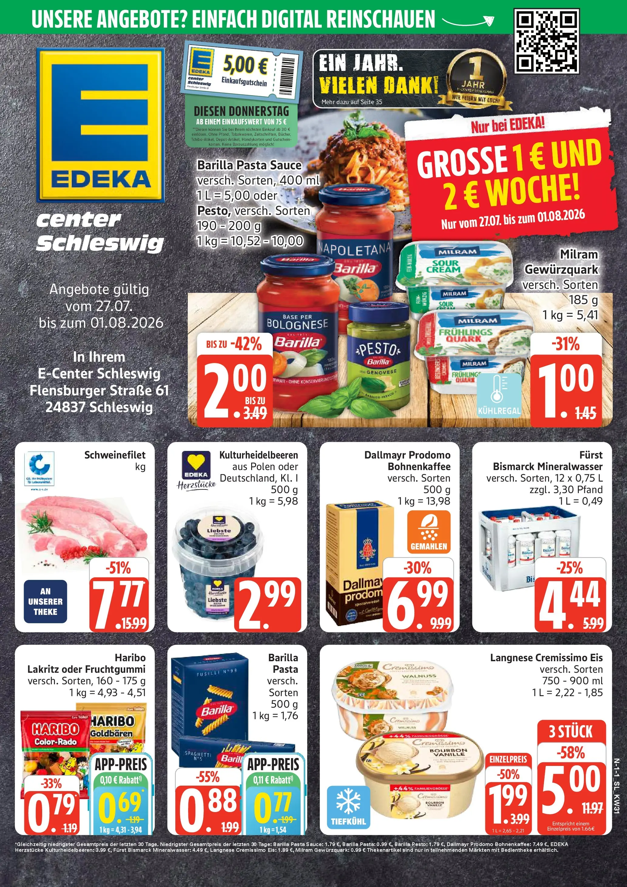 Edeka Prospekt Schleswig (ab 27.07.2026) » Angebote Online | Seite: 1 | Produkte: Quark, Mineralwasser, Schweinefilet, Eis