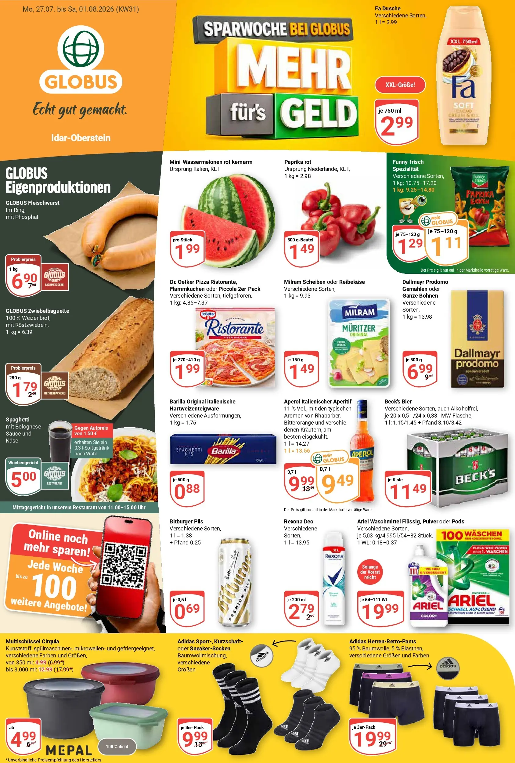 Globus Prospekt Idar-Oberstein (ab 27.07.2026) » Angebote online | Seite: 1 | Produkte: Paprika rot, Paprika, Waschmittel, Reibekase
