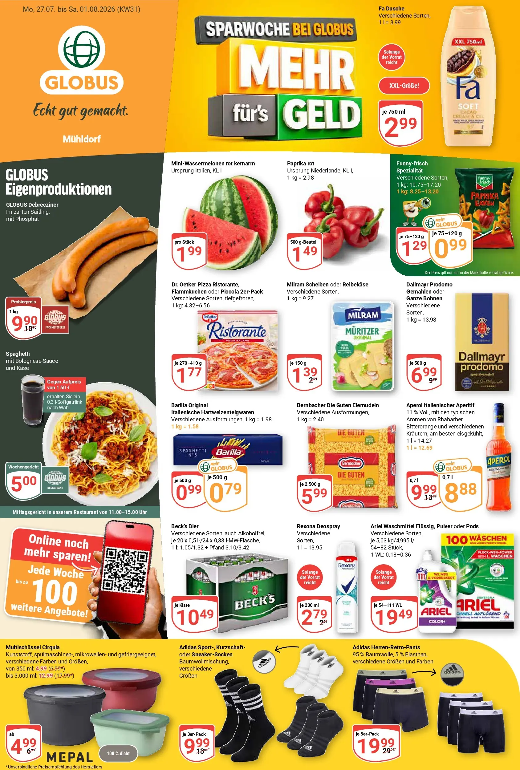 Globus Prospekt Mühldorf (ab 20.07.2026) » Angebote online | Seite: 5 | Produkte: Paprika rot, Milram, Pizza, Uhr