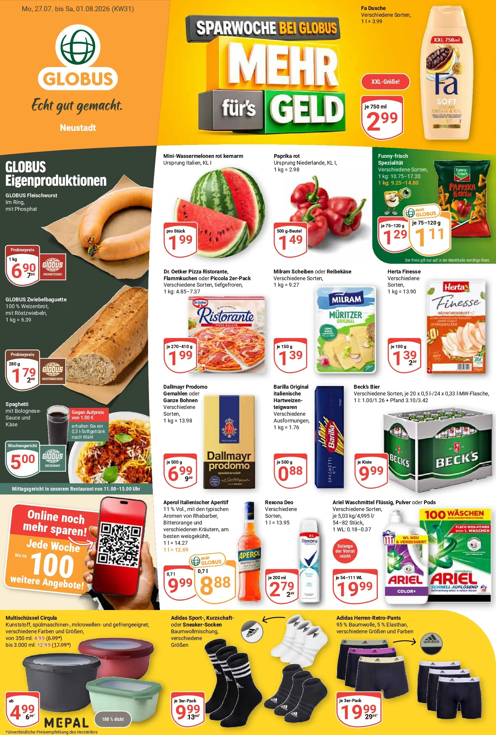 Globus Prospekt Neustadt (ab 27.07.2026) » Angebote online | Seite: 1 | Produkte: Käse, Milram, Aperol, Uhr