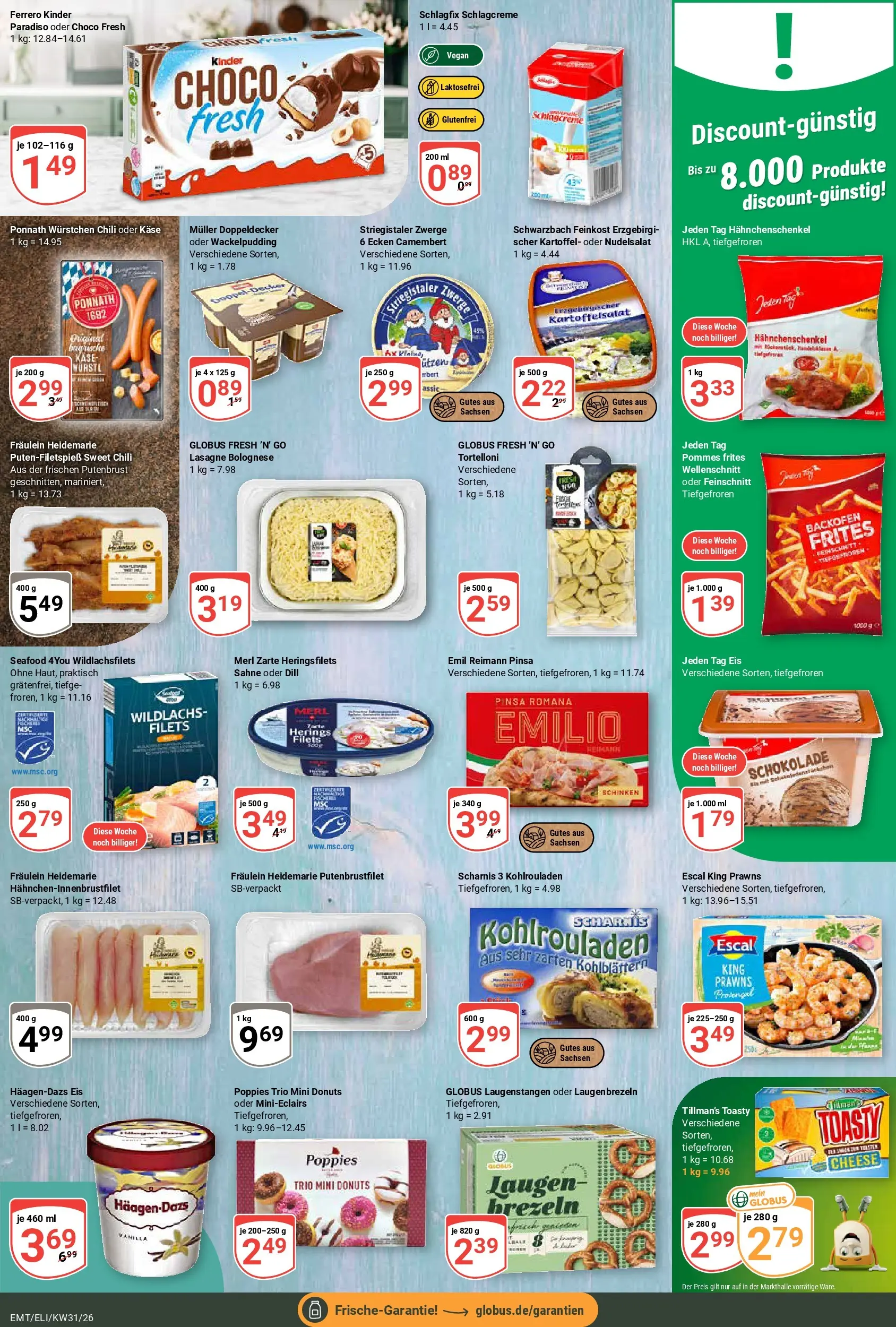 Globus Prospekt Mittelhausen (ab 27.07.2026) » Angebote online | Seite: 10 | Produkte: Hahnchenschenkel, Würstl, Pommes frites, Donuts