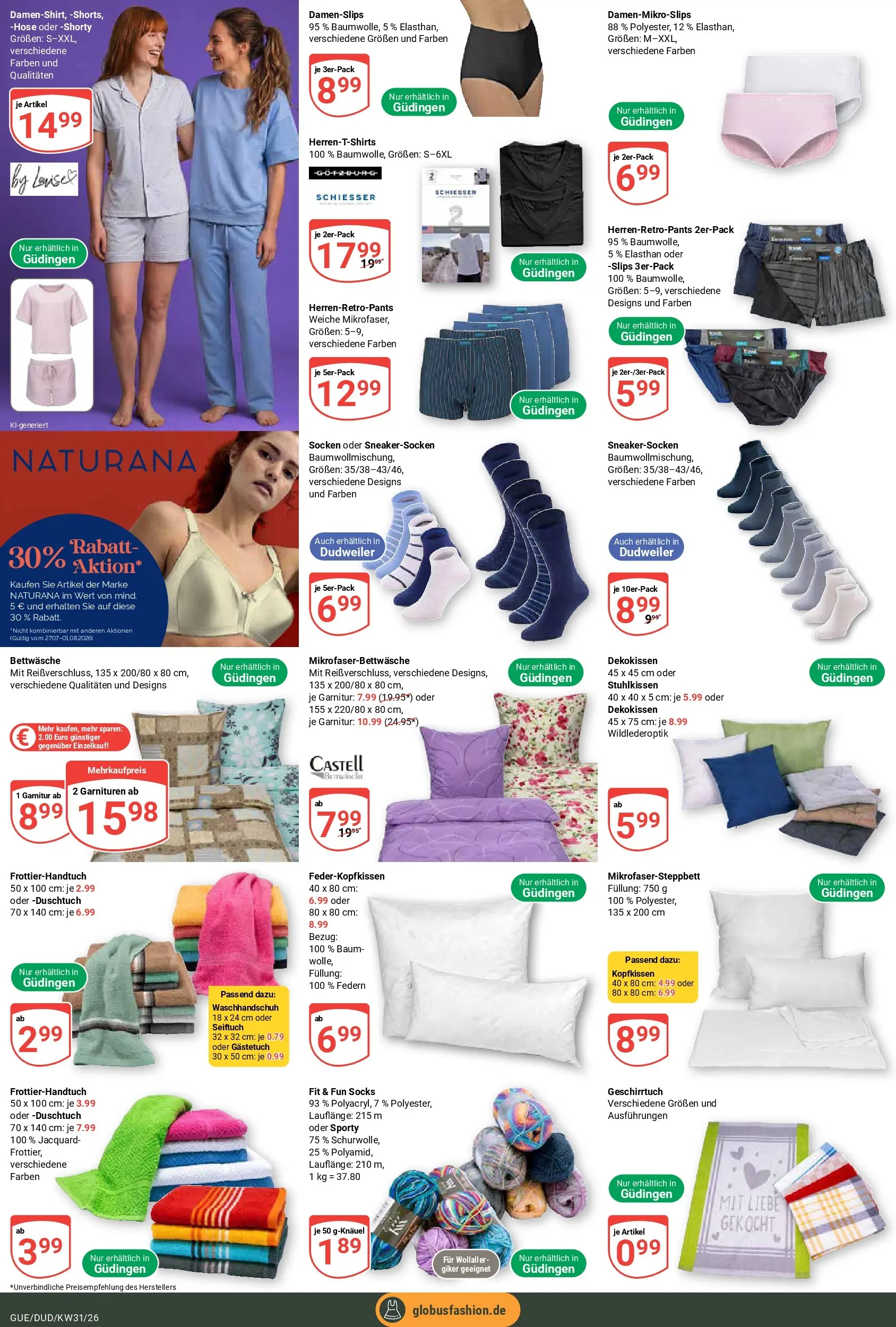 Globus Prospekt Saarbrücken-Güdingen (ab 27.07.2026) » Angebote online | Seite: 25 | Produkte: Bettwäsche, Kopfkissen, Hose, Socken