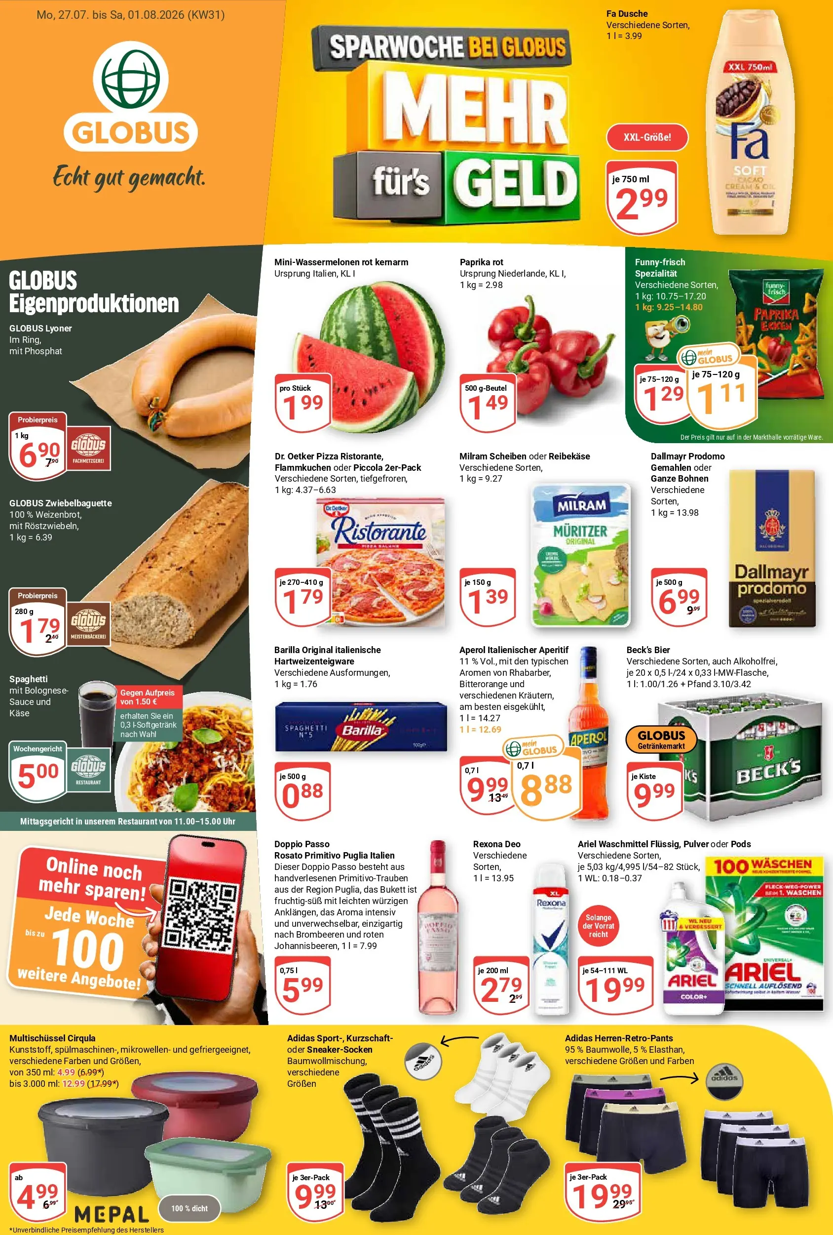 Globus Prospekt Homburg-Einöd (ab 27.07.2026) » Angebote online | Seite: 3 | Produkte: Paprika rot, Dallmayr, Paprika, Reibekase