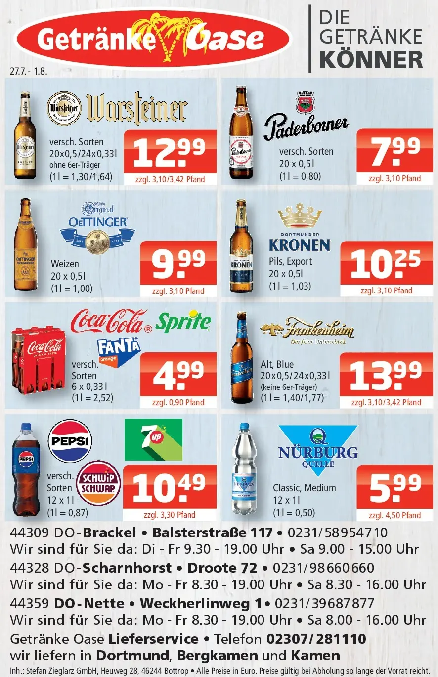 Angebote - Getränke Oase: Getränkeangebote (ab 27.07.2026) zum Blättern | Seite: 1 | Produkte: Coca cola, Fanta, Cola, Warsteiner