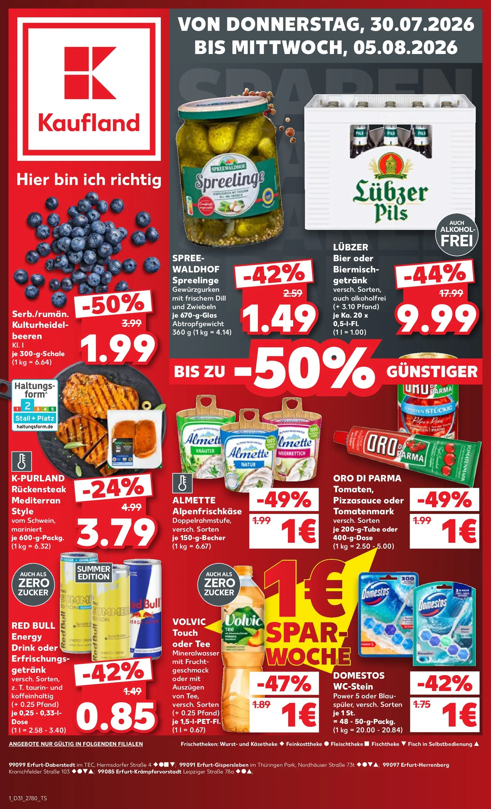 Prospekt Kaufland ab 30.07.2026 » Angebote Online zum Blättern | Seite: 1 | Produkte: Red bull, Mineralwasser, Oro di parma, Lubzer