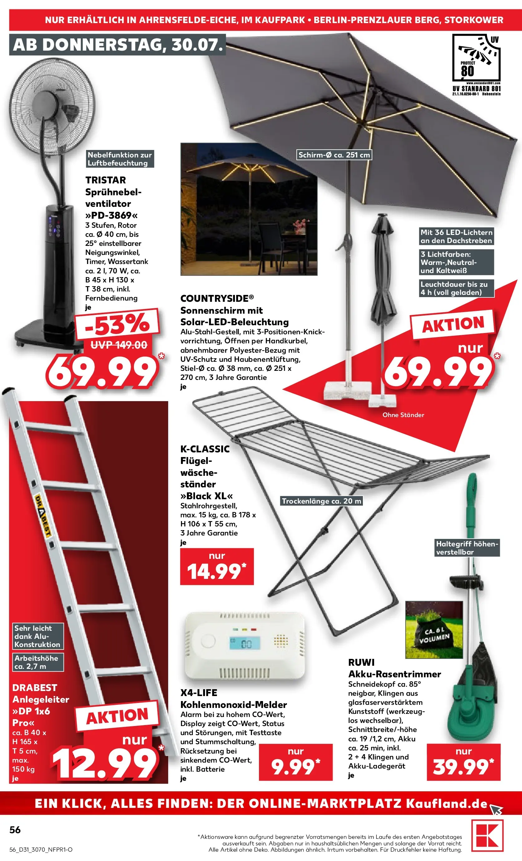 Prospekt Kaufland ab 30.07.2026 » Angebote Online zum Blättern | Seite: 56 | Produkte: Ventilator, Batterie, Sonnenschirm