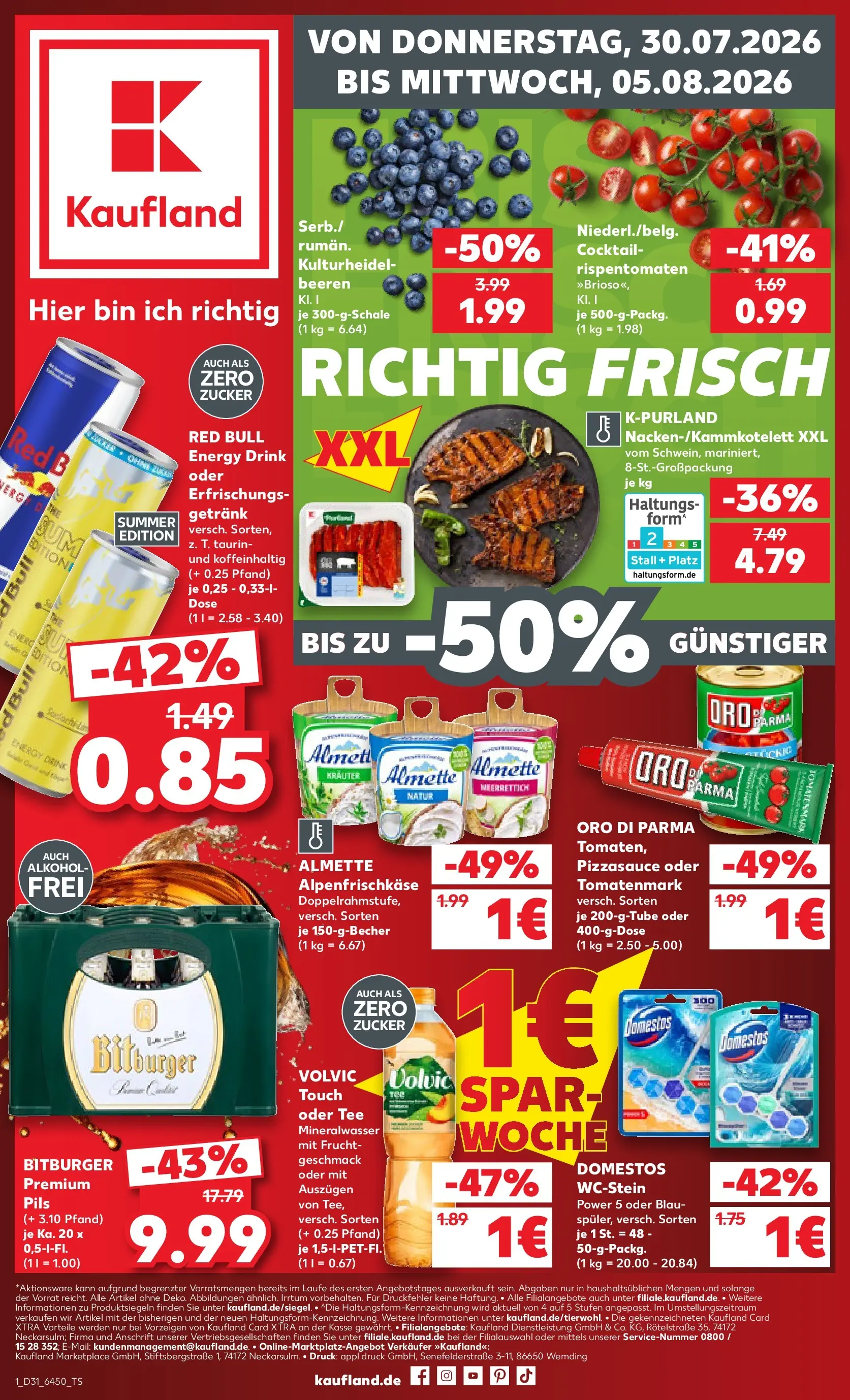 Prospekt Kaufland ab 30.07.2026 » Angebote Online zum Blättern | Seite: 1 | Produkte: Red bull, Mineralwasser, Oro di parma, Volvic