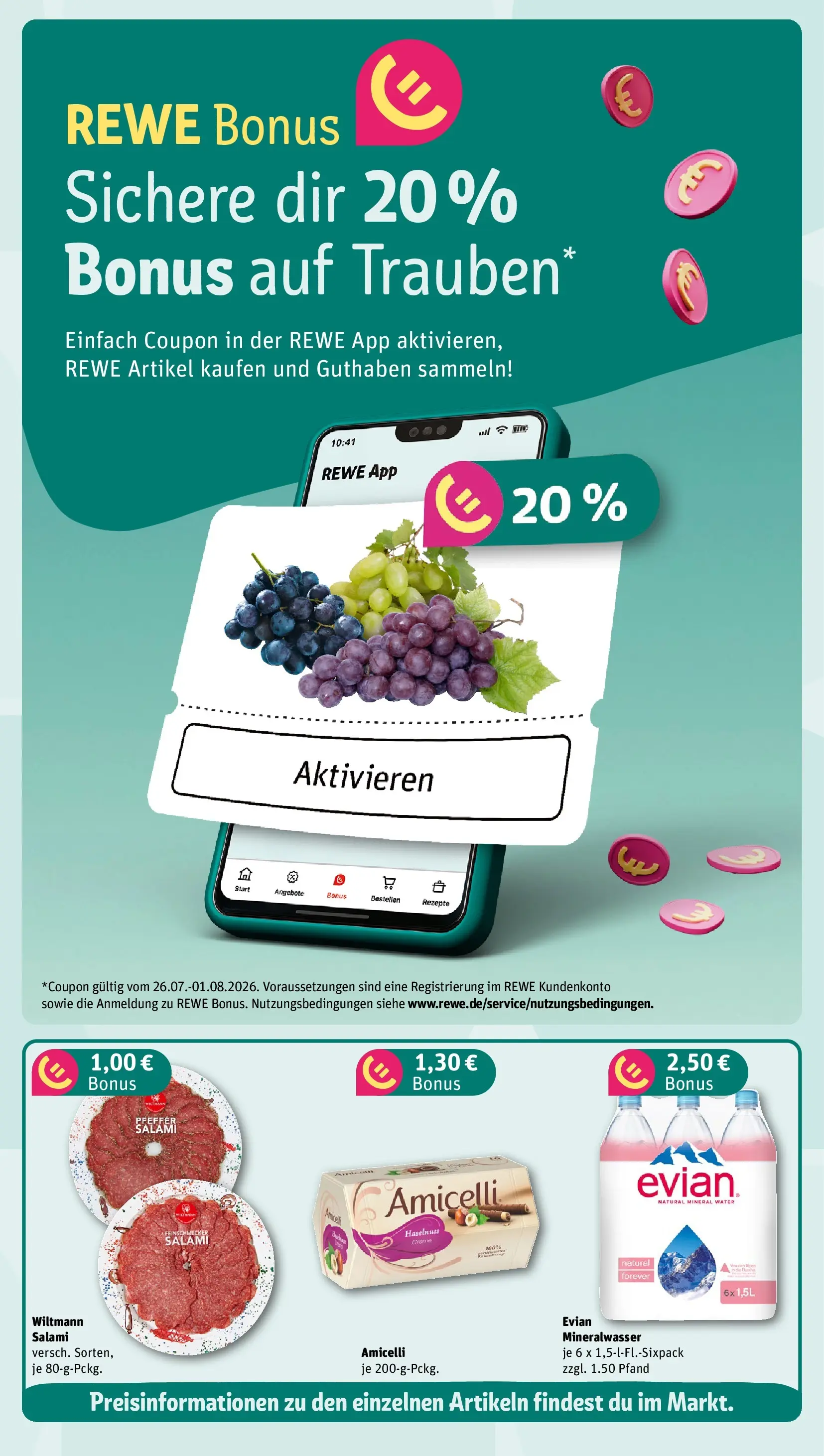 REWE Prospekt ab 27.07.2026 zum Blättern » Angebote | Seite: 3 | Produkte: Trauben, Mineralwasser, Creme, Salami