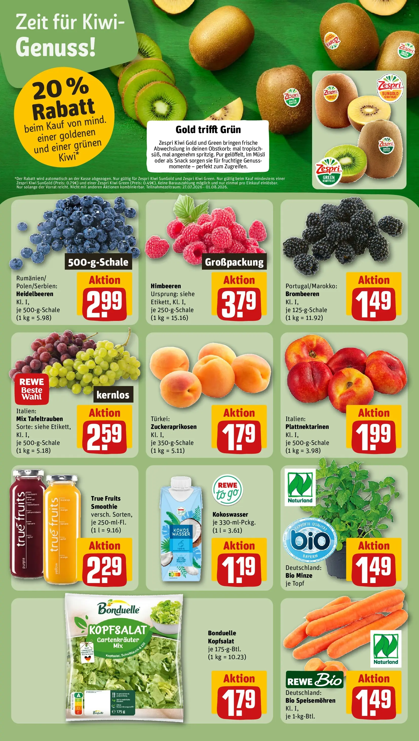 REWE Prospekt ab 27.07.2026 zum Blättern » Angebote | Seite: 6 | Produkte: Musli, Äpfel, Heidelbeeren, Wasser