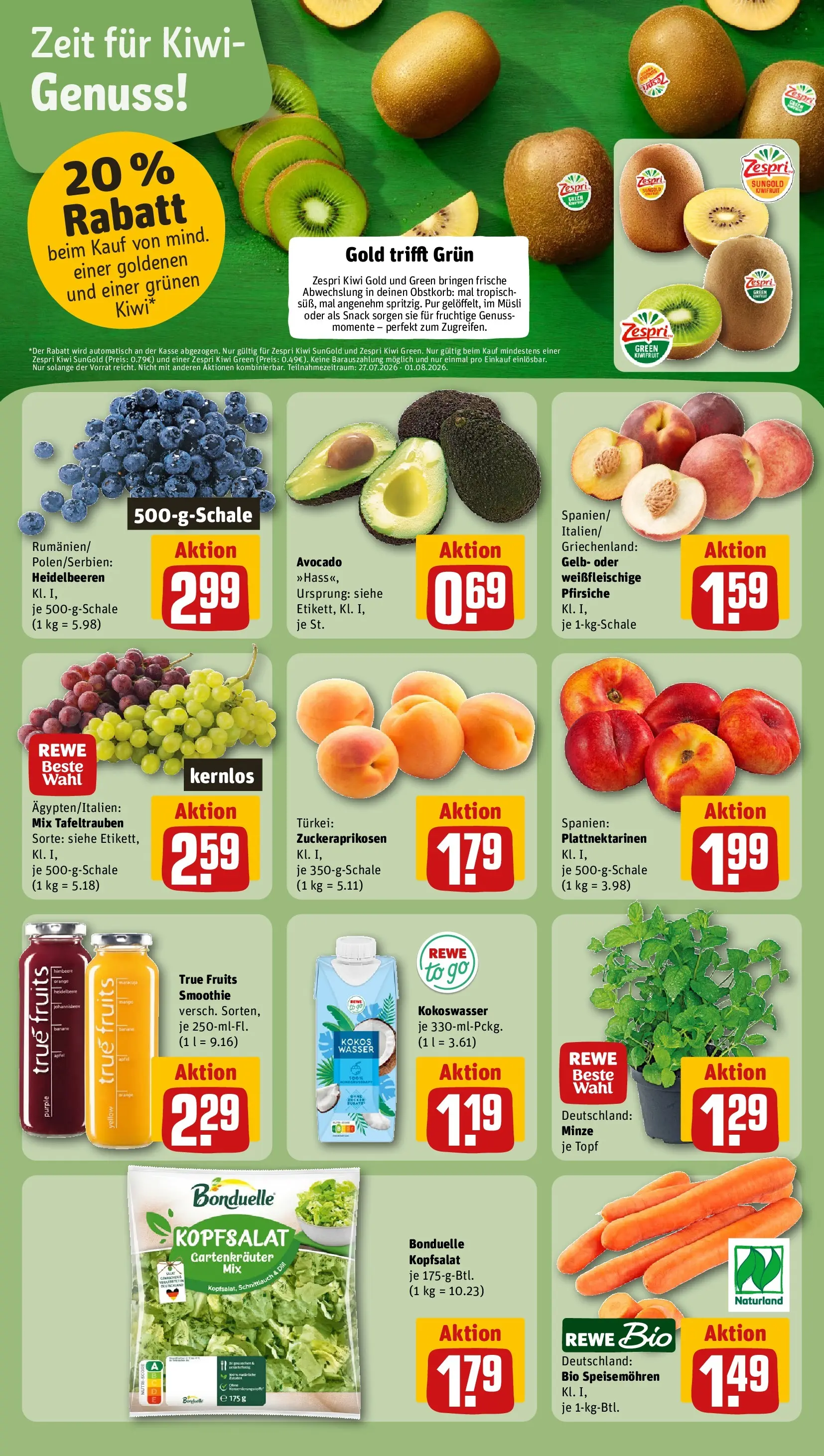 REWE Prospekt ab 27.07.2026 zum Blättern » Angebote | Seite: 6 | Produkte: Musli, Äpfel, Heidelbeeren, Kiwi