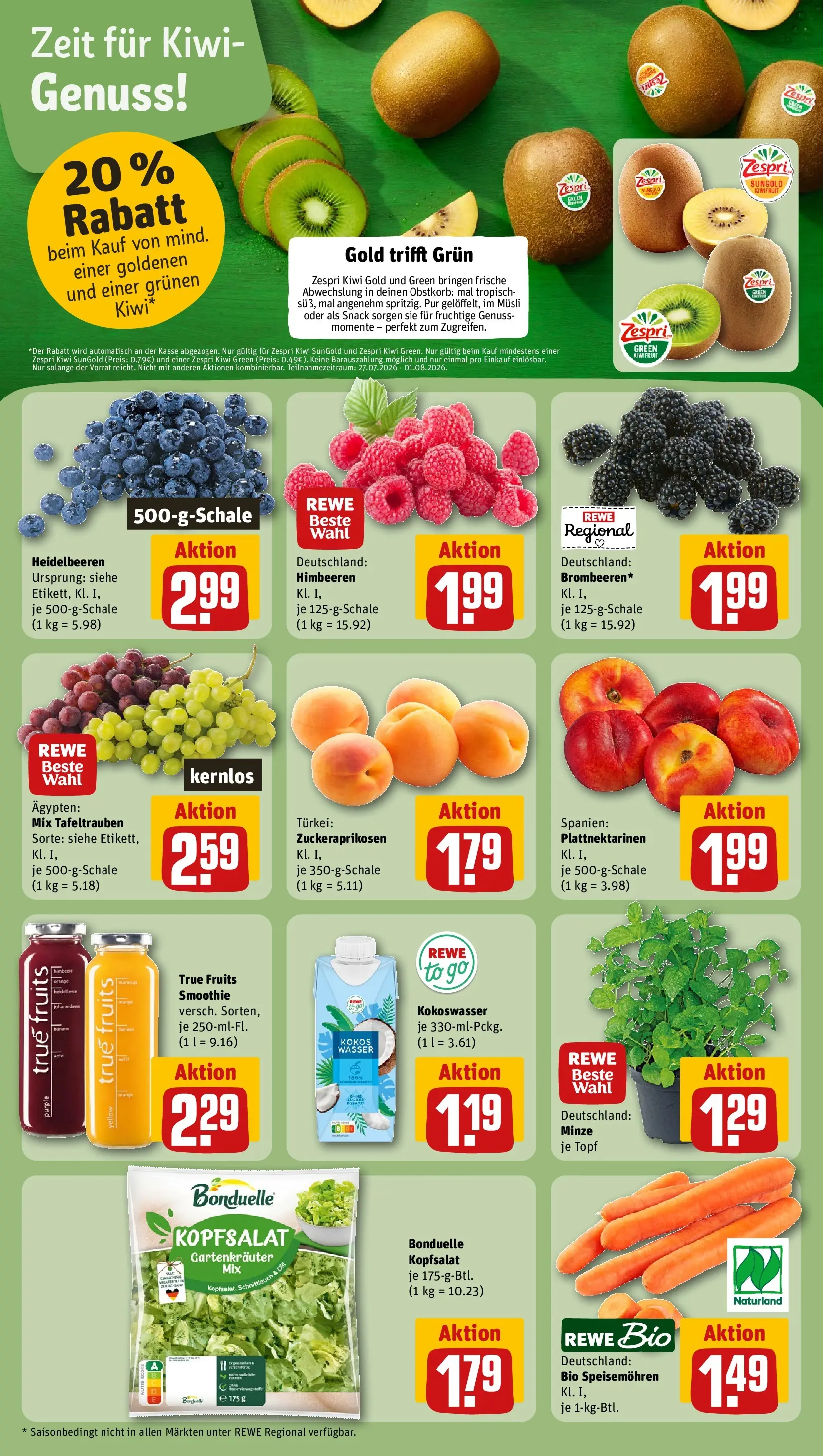 REWE Prospekt ab 27.07.2026 zum Blättern » Angebote | Seite: 6 | Produkte: Musli, Himbeeren, Heidelbeeren, Salat