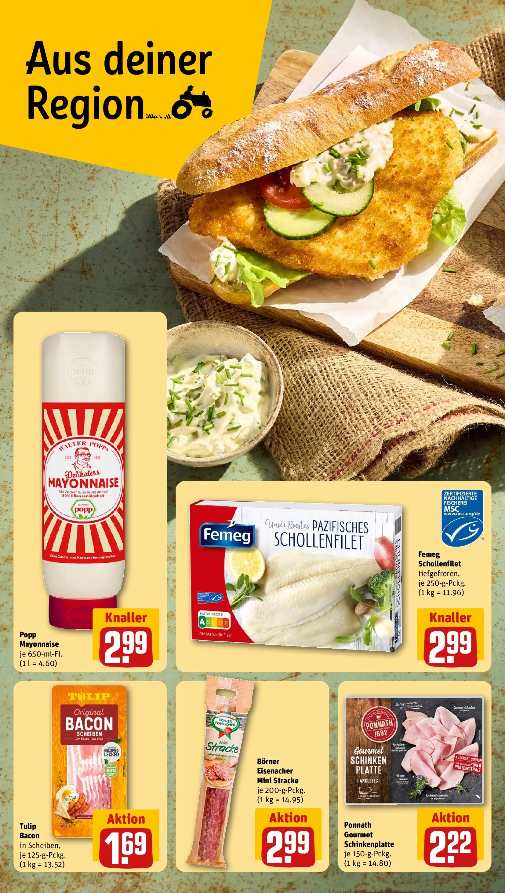REWE Prospekt ab 27.07.2026 zum Blättern » Angebote | Seite: 4 | Produkte: Fisch, Mayonnaise, Zucker, Schinken