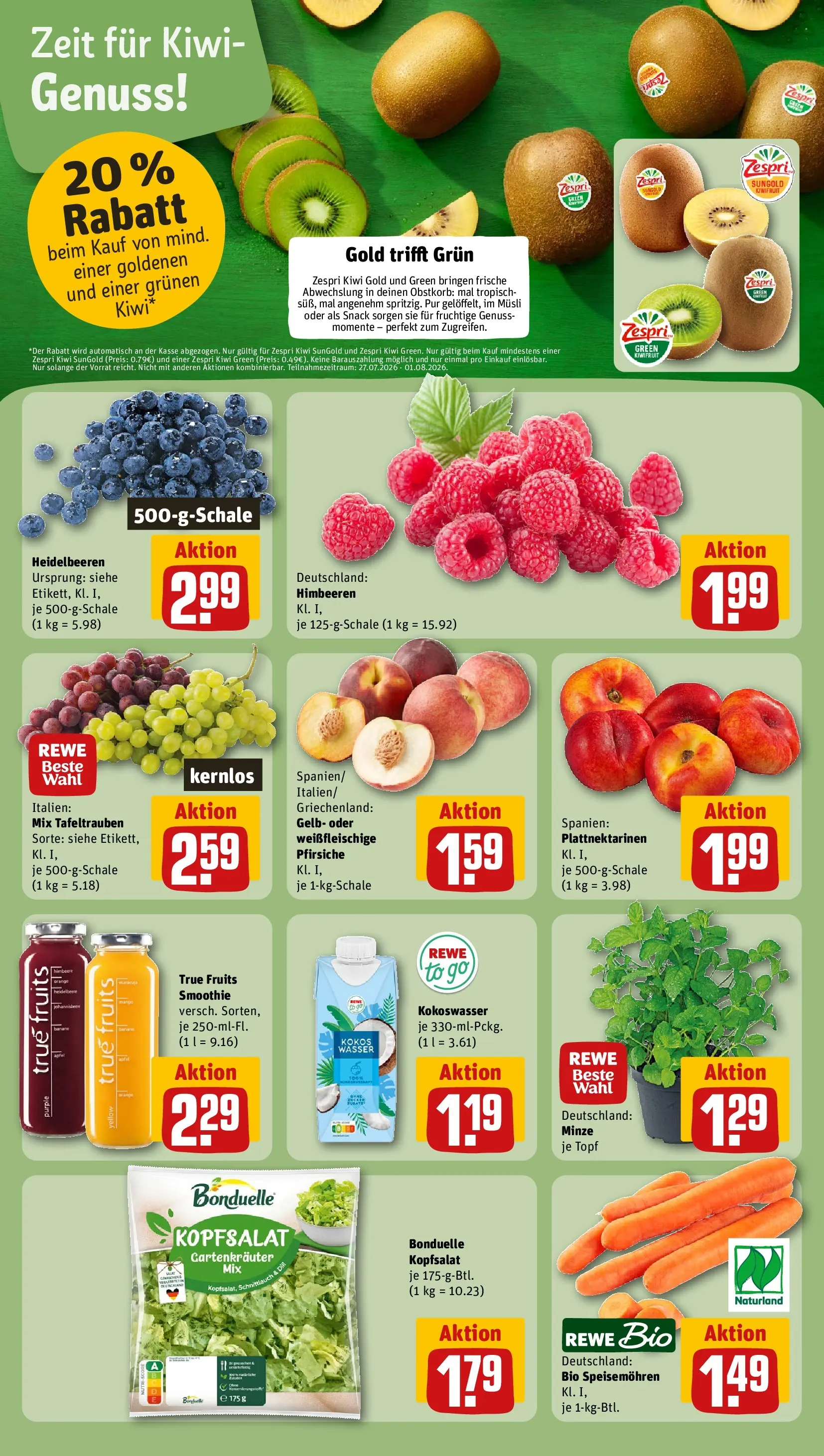 REWE Prospekt ab 27.07.2026 zum Blättern » Angebote | Seite: 6 | Produkte: Musli, Heidelbeeren, Wasser, Kiwi