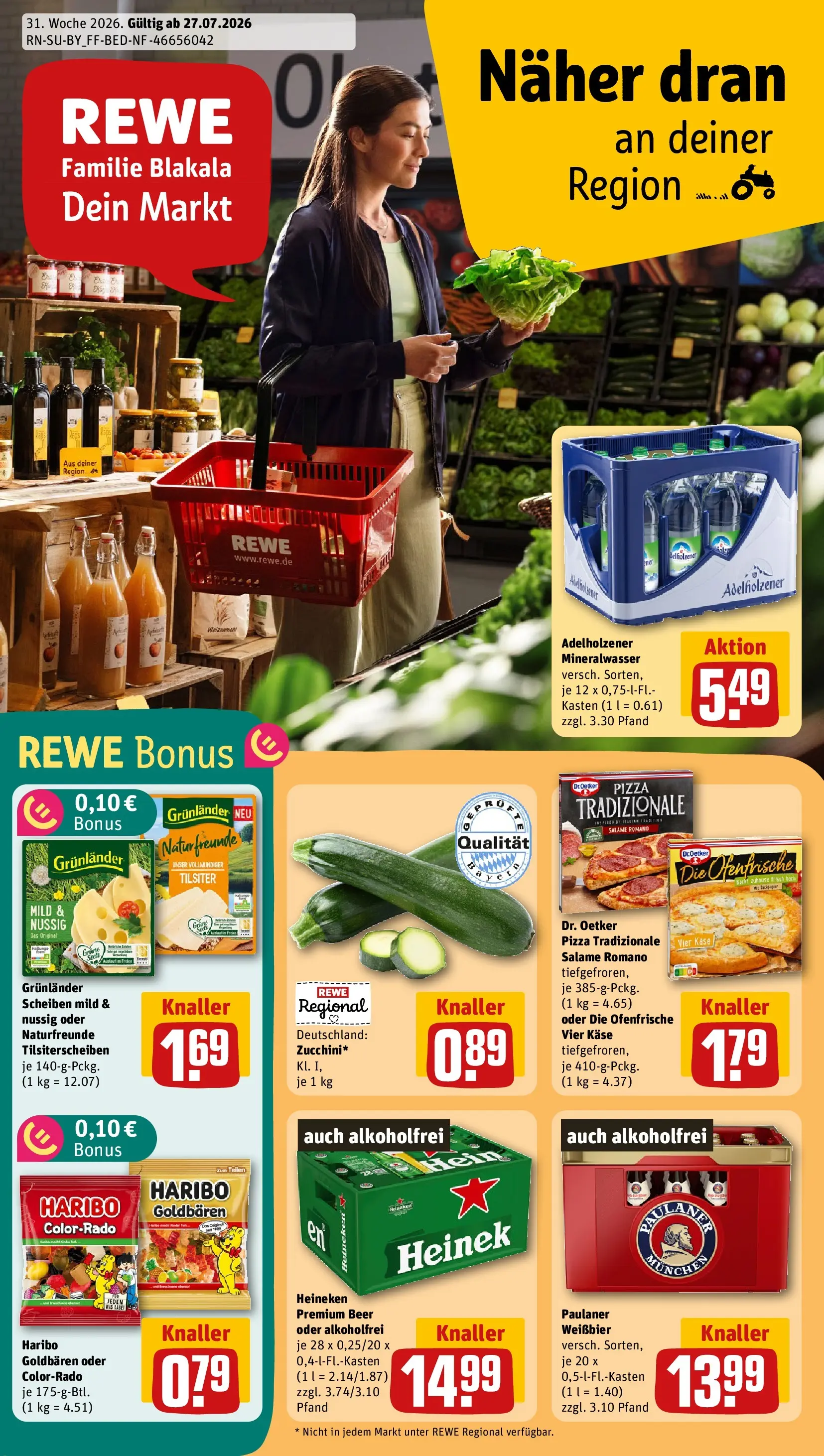 REWE Prospekt ab 27.07.2026 zum Blättern » Angebote | Seite: 1 | Produkte: Weißbier, Mineralwasser, Grunlander, Paulaner