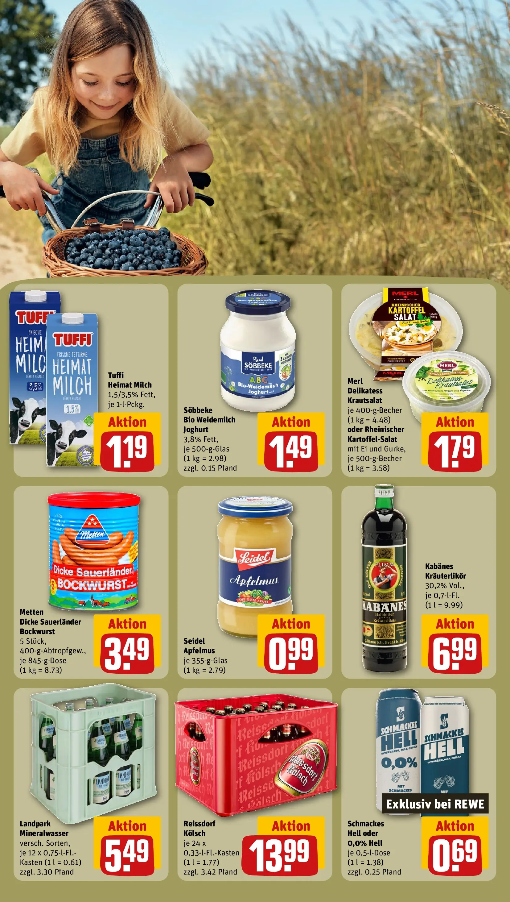 REWE Prospekt ab 27.07.2026 zum Blättern » Angebote | Seite: 27 | Produkte: Bockwurst, Milch, Mineralwasser, Salat