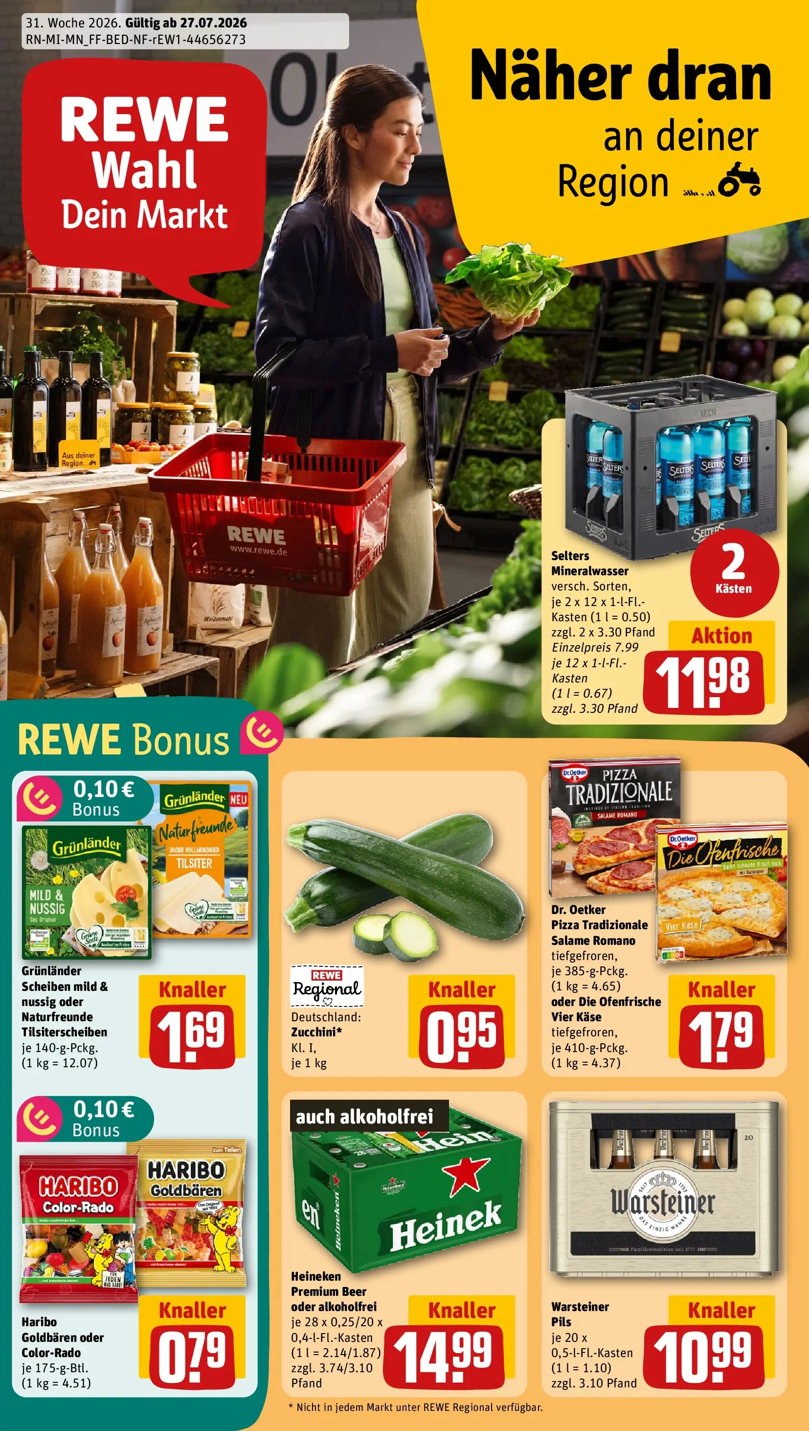 REWE Prospekt ab 27.07.2026 zum Blättern » Angebote | Seite: 1 | Produkte: Käse, Ofenfrische, Mineralwasser, Warsteiner