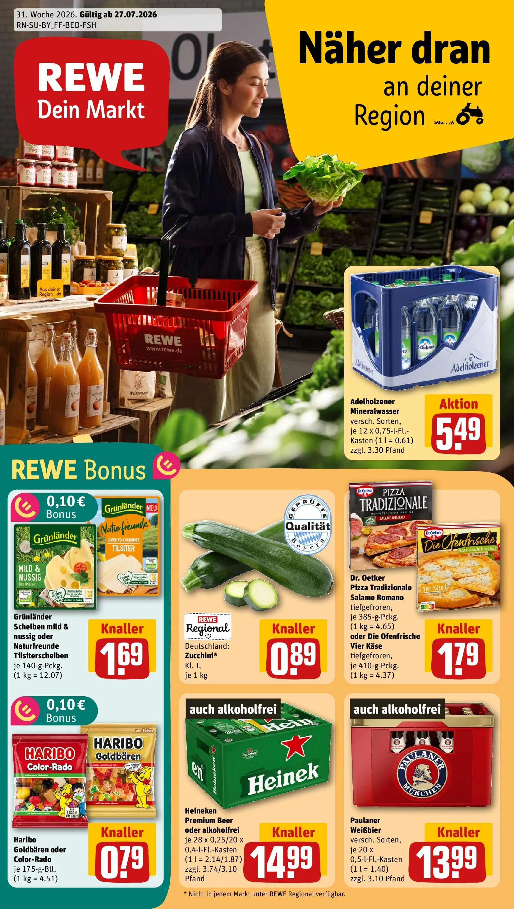 REWE Prospekt ab 27.07.2026 zum Blättern » Angebote | Seite: 1 | Produkte: Adelholzener, Mineralwasser, Heineken, Paulaner