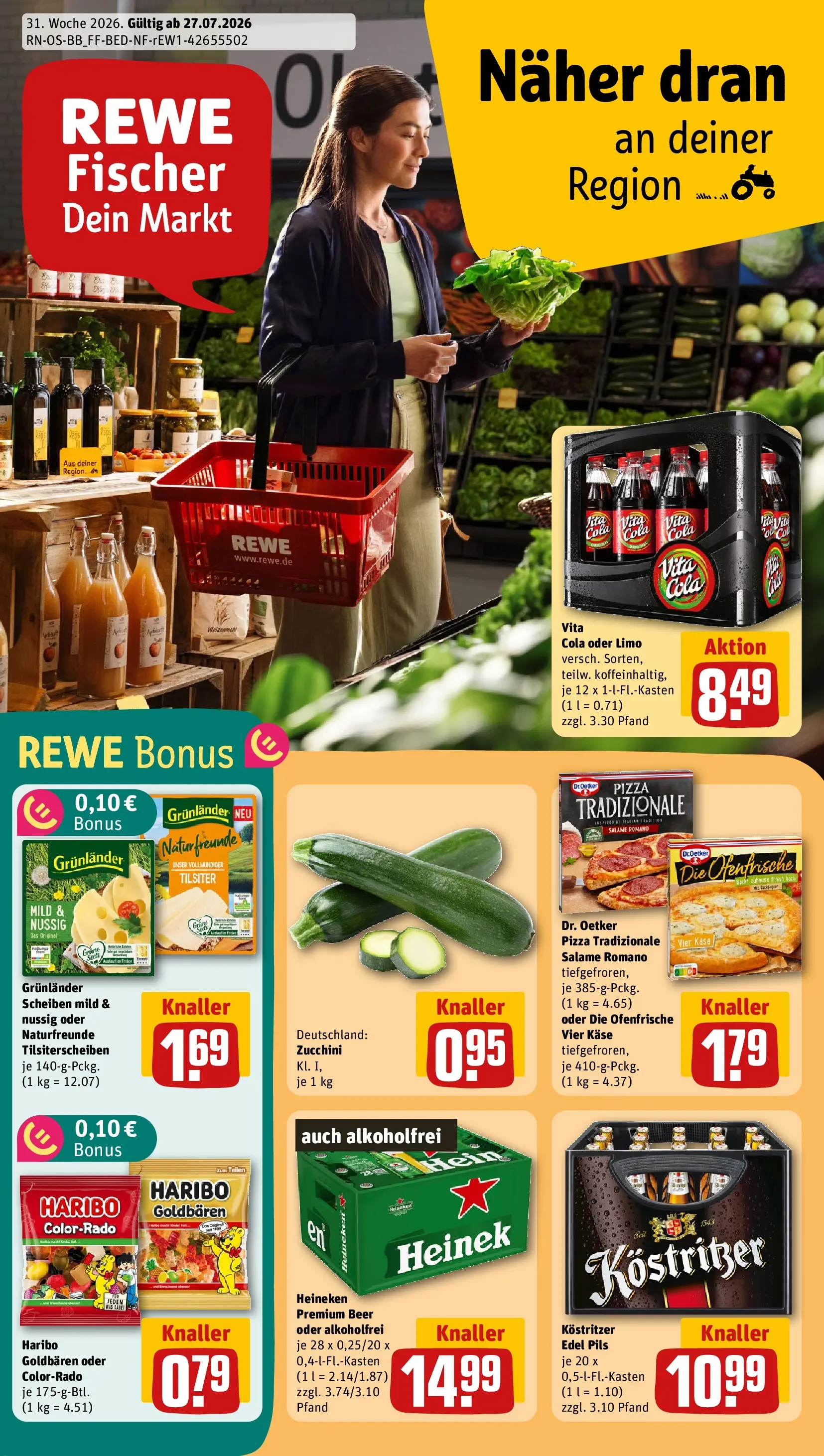 REWE Prospekt ab 27.07.2026 zum Blättern » Angebote | Seite: 1 | Produkte: Pils, Heineken, Grunlander, Zucchini