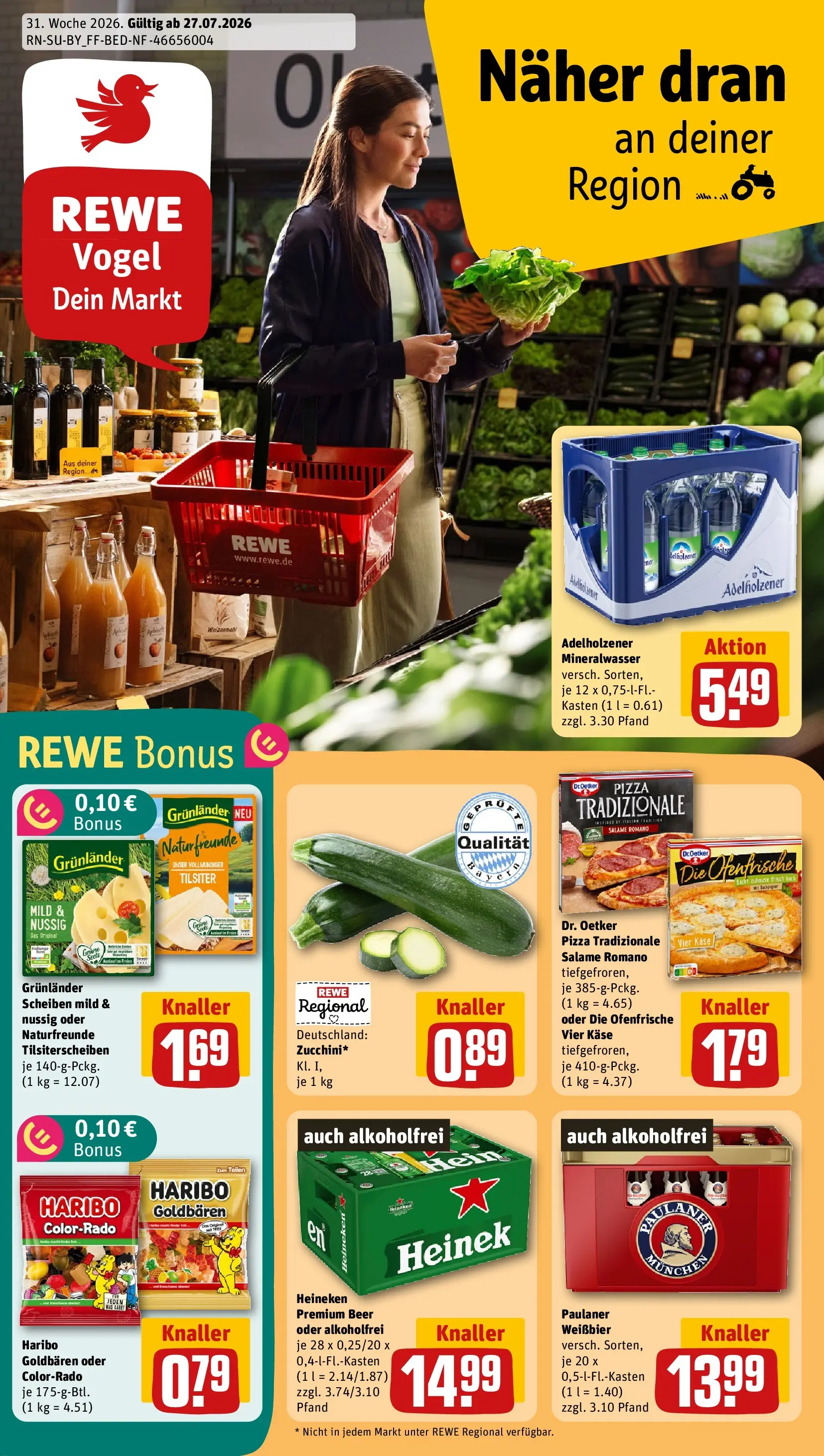 REWE Prospekt ab 27.07.2026 zum Blättern » Angebote | Seite: 1 | Produkte: Käse, Weißbier, Weizenmehl, Mineralwasser