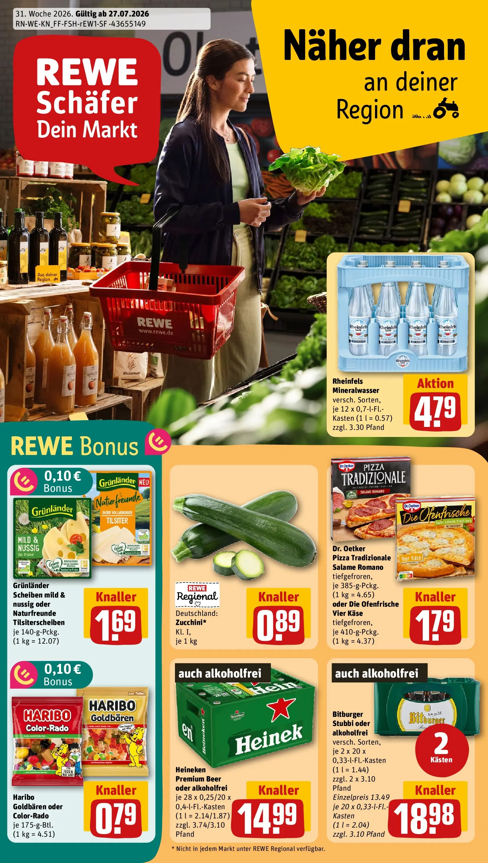 REWE Prospekt ab 27.07.2026 zum Blättern » Angebote | Seite: 1 | Produkte: Bitburger, Haribo, Käse, Mineralwasser