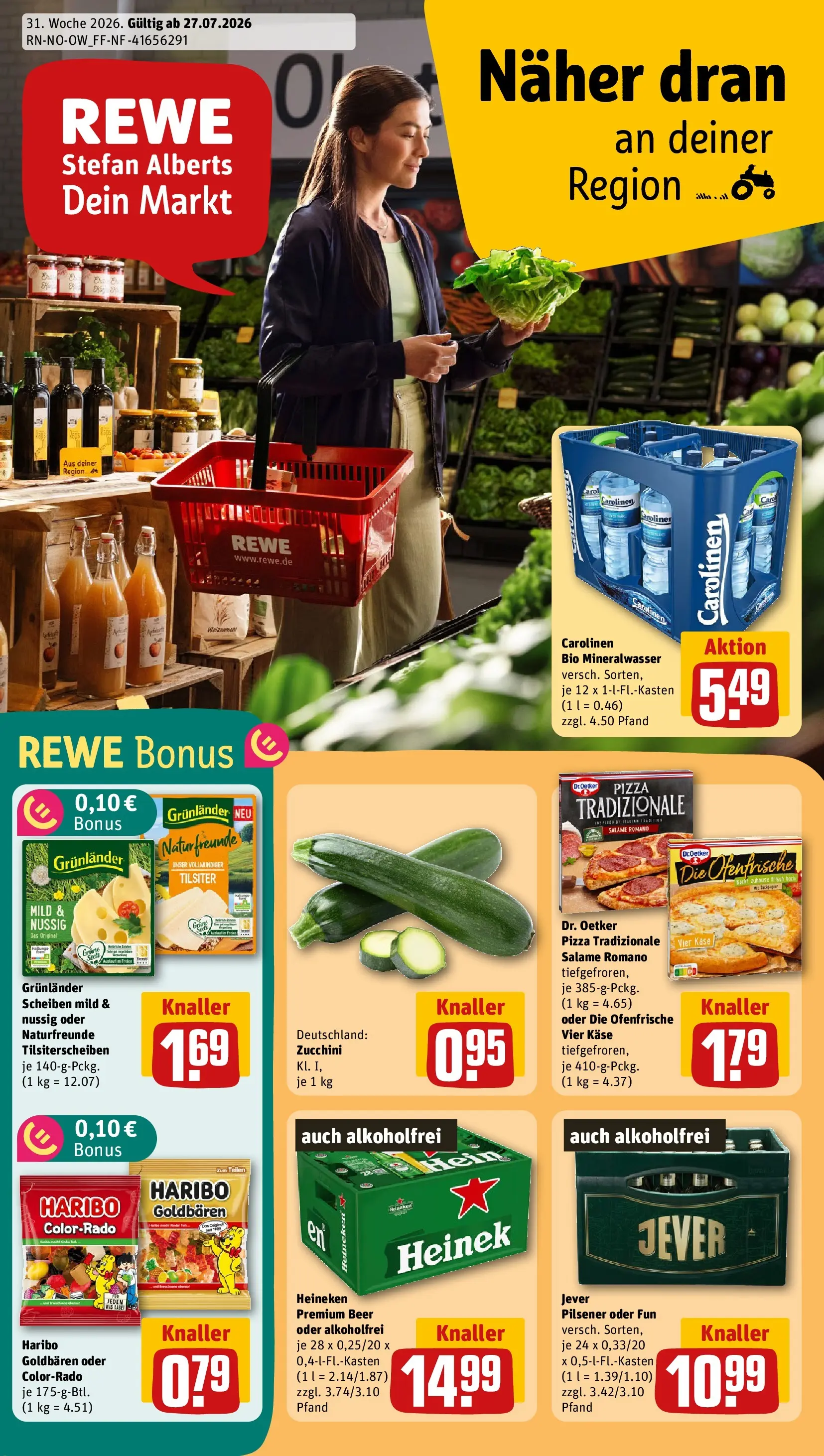 REWE Prospekt ab 27.07.2026 zum Blättern » Angebote | Seite: 1 | Produkte: Weizenmehl, Mineralwasser, Jever, Pizza