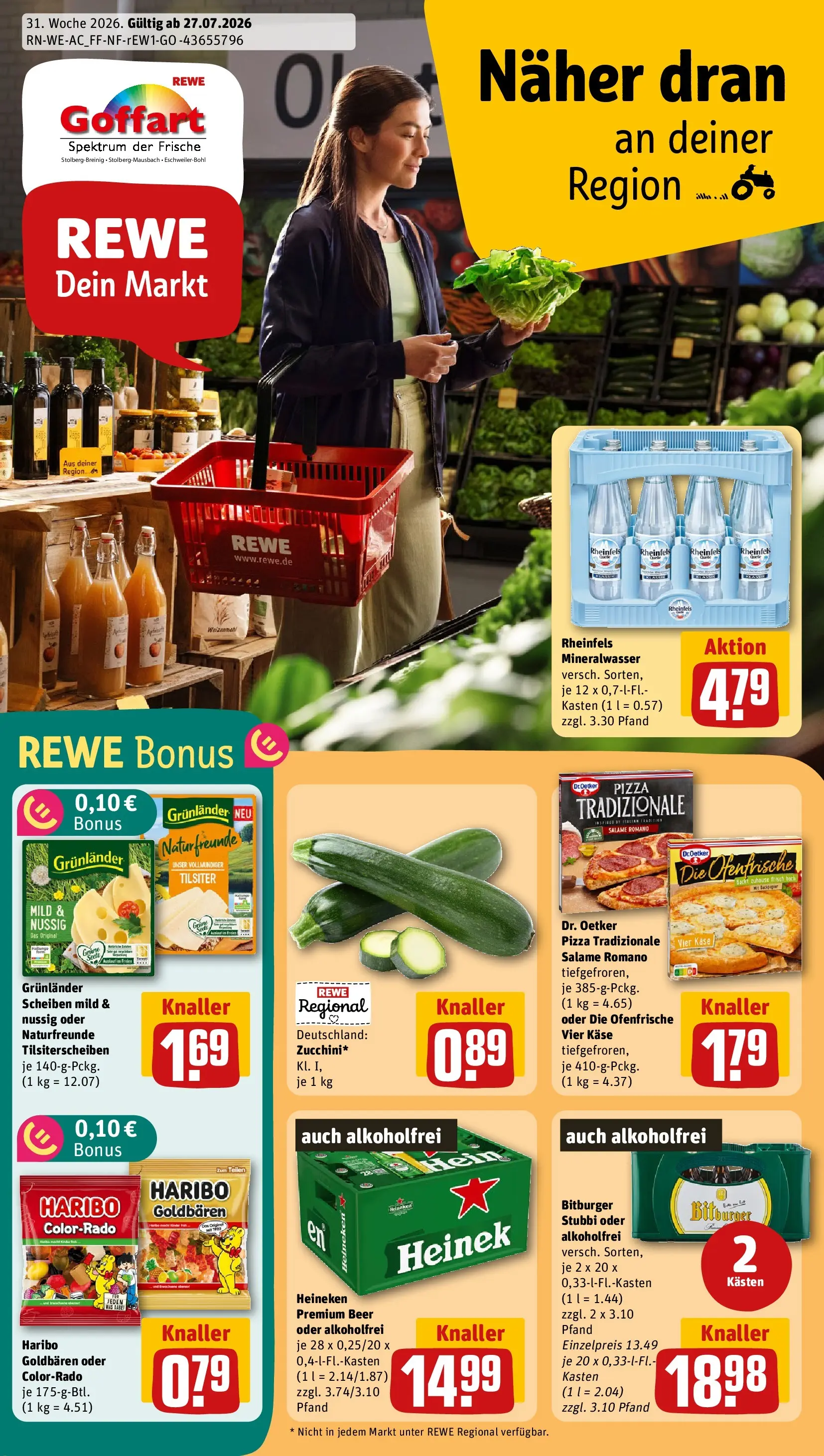 REWE Prospekt ab 27.07.2026 zum Blättern » Angebote | Seite: 1 | Produkte: Weizenmehl, Mineralwasser, Grunlander, Pizza
