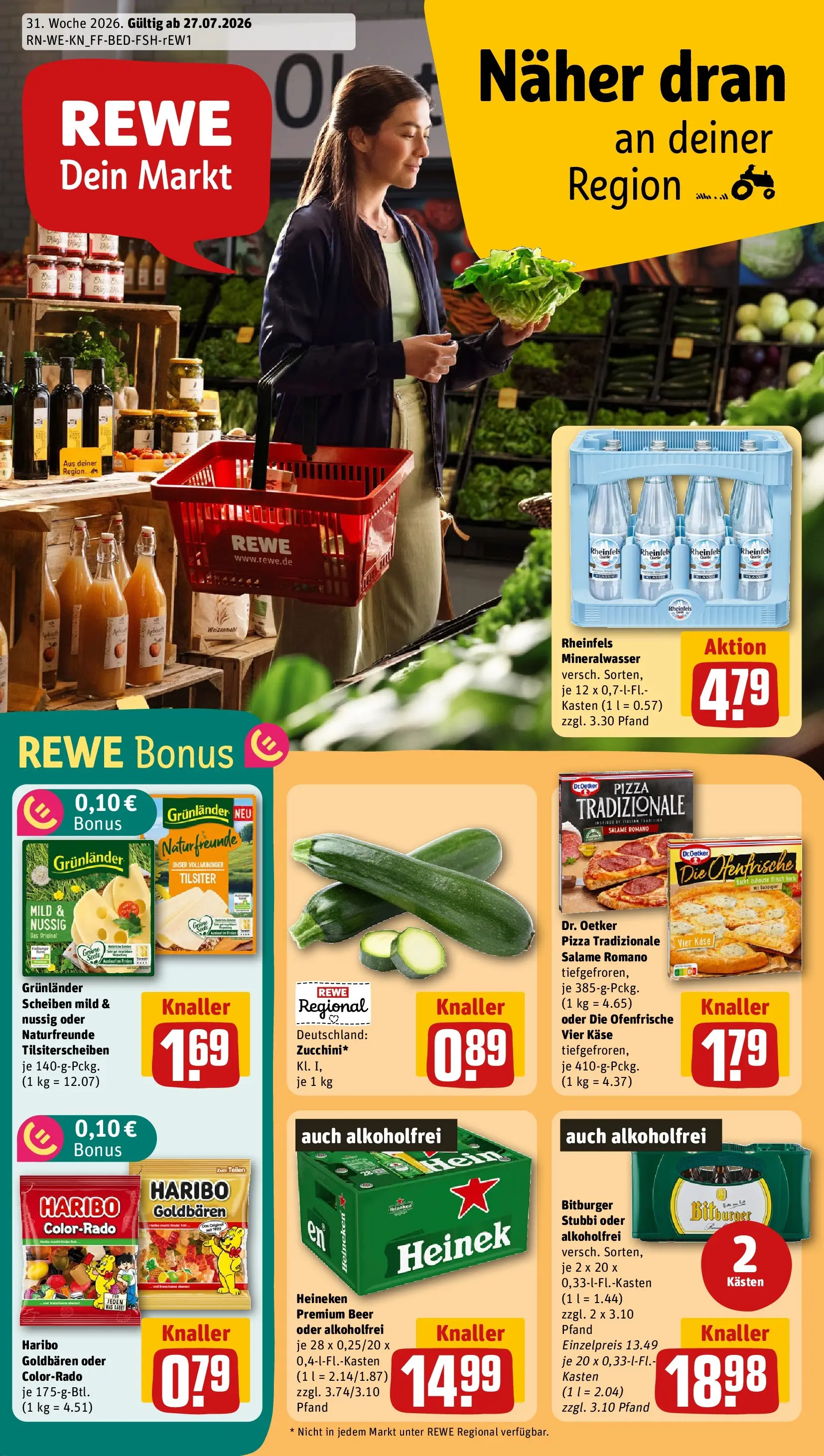 REWE Prospekt ab 27.07.2026 zum Blättern » Angebote | Seite: 1 | Produkte: Haribo, Käse, Äpfel, Heineken