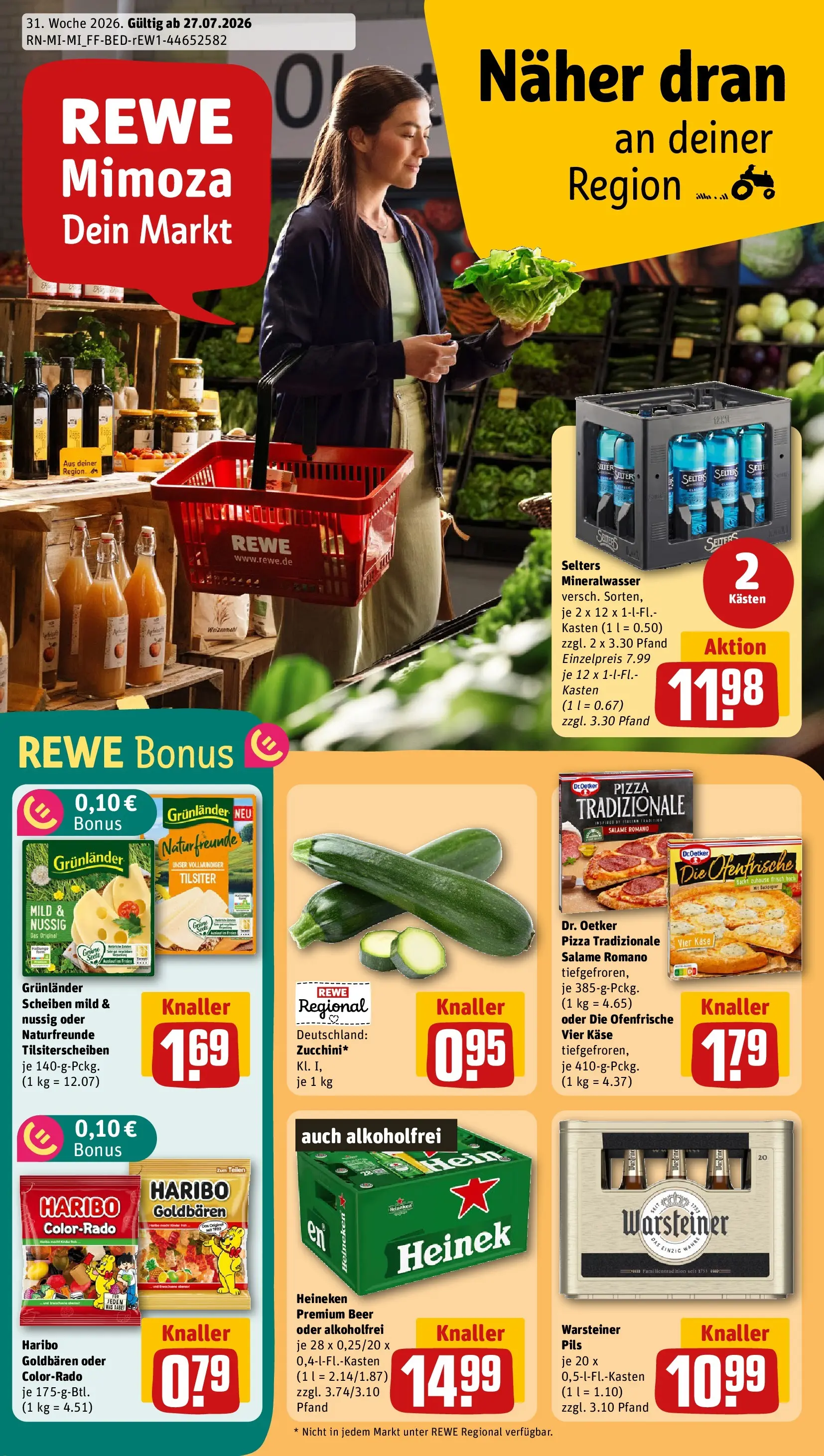 REWE Prospekt ab 27.07.2026 zum Blättern » Angebote | Seite: 1 | Produkte: Käse, Pils, Grunlander, Warsteiner