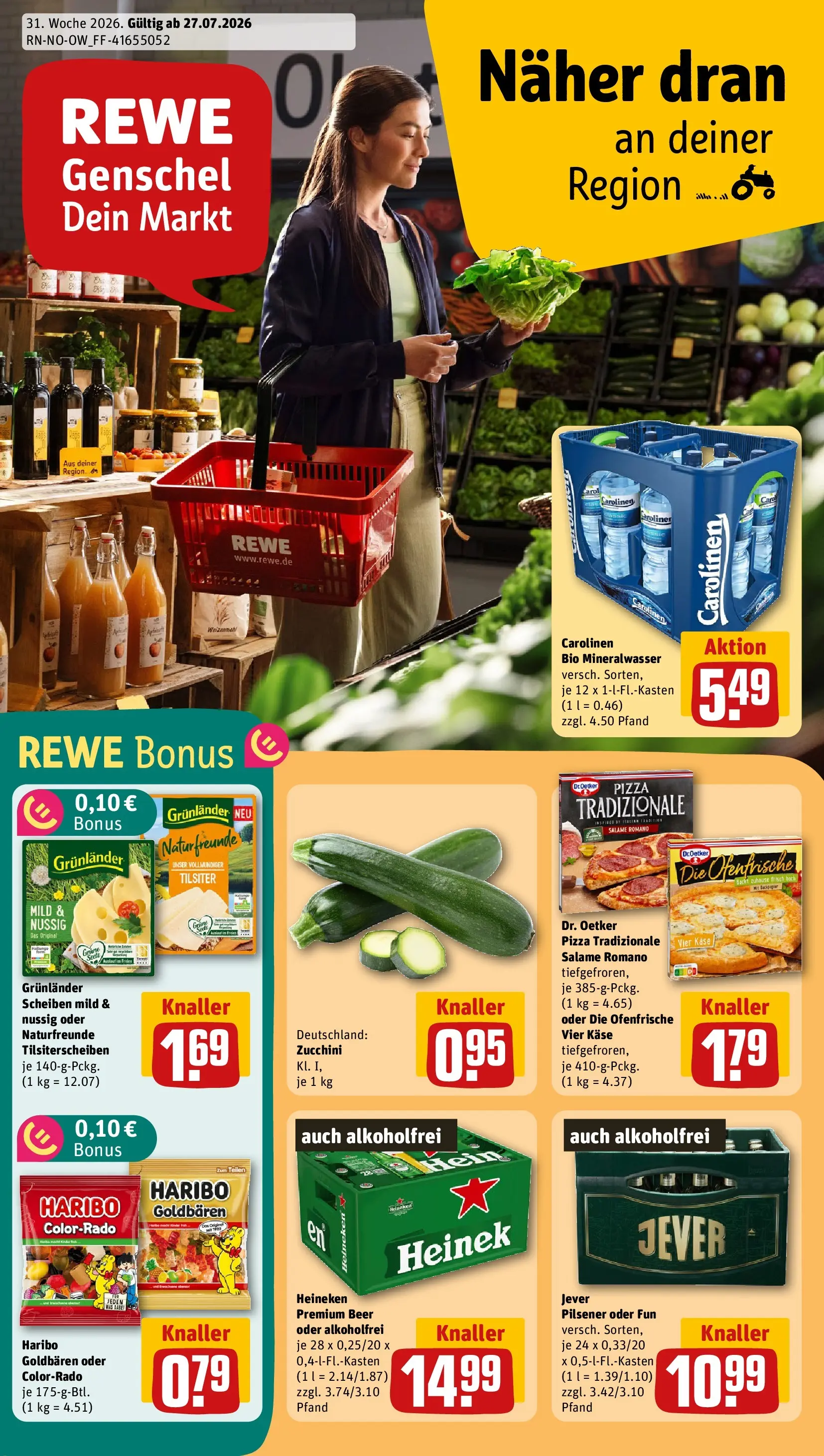 REWE Prospekt ab 27.07.2026 zum Blättern » Angebote | Seite: 1 | Produkte: Käse, Ofenfrische, Grunlander, Pizza