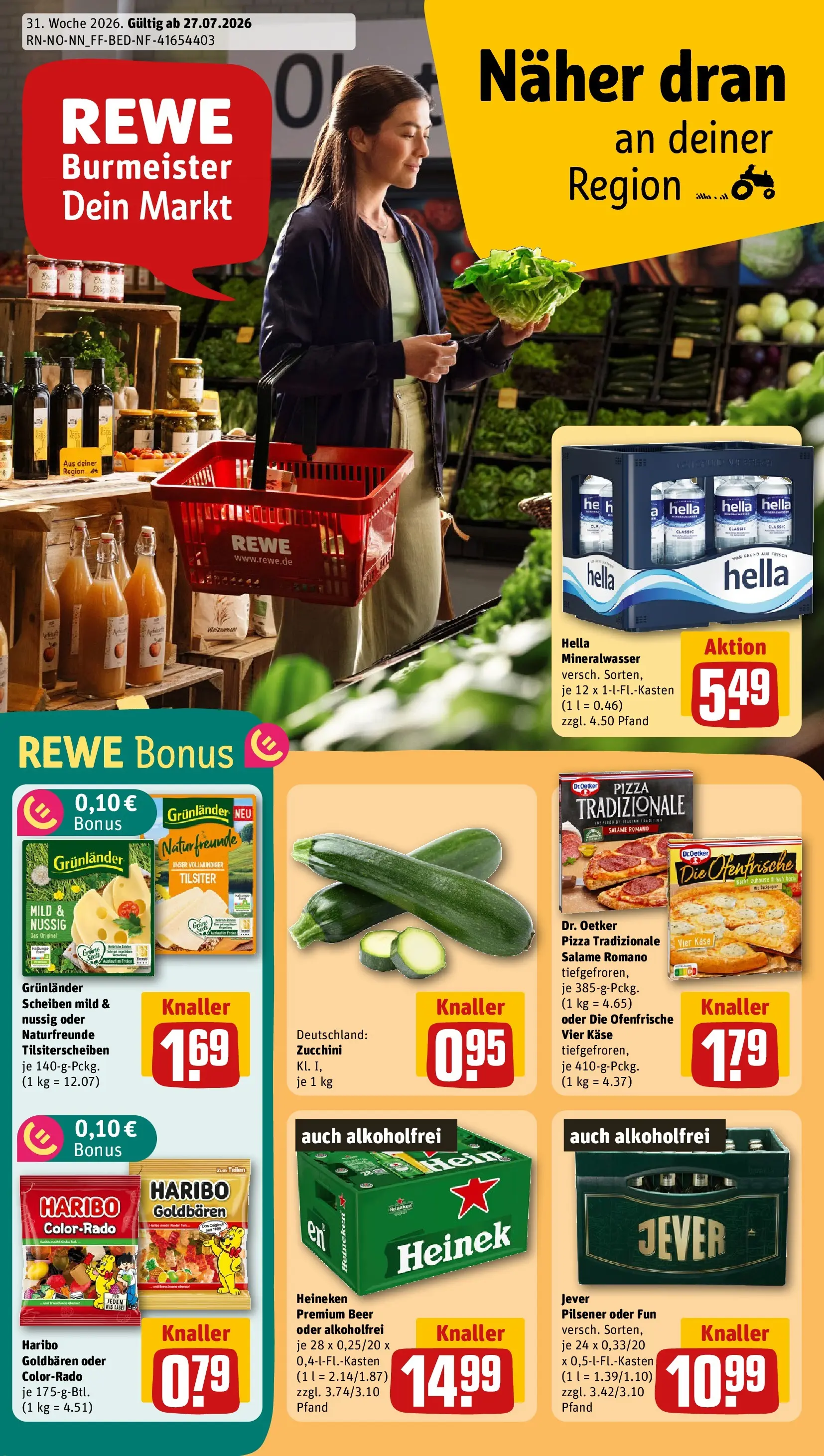 REWE Prospekt ab 27.07.2026 zum Blättern » Angebote | Seite: 1 | Produkte: Haribo, Mineralwasser, Heineken, Grunlander