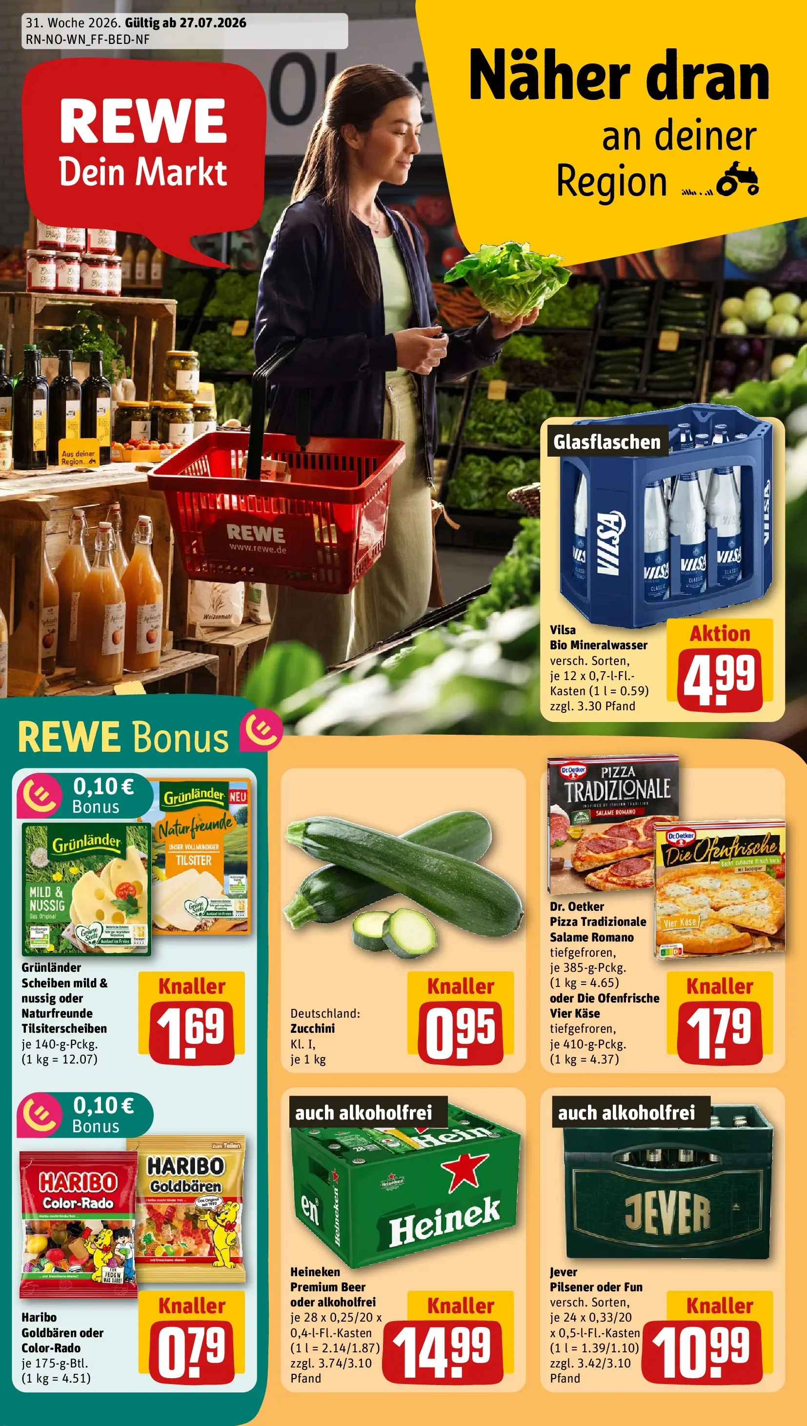 REWE Prospekt ab 27.07.2026 zum Blättern » Angebote | Seite: 1 | Produkte: Haribo, Weizenmehl, Jever, Zucchini