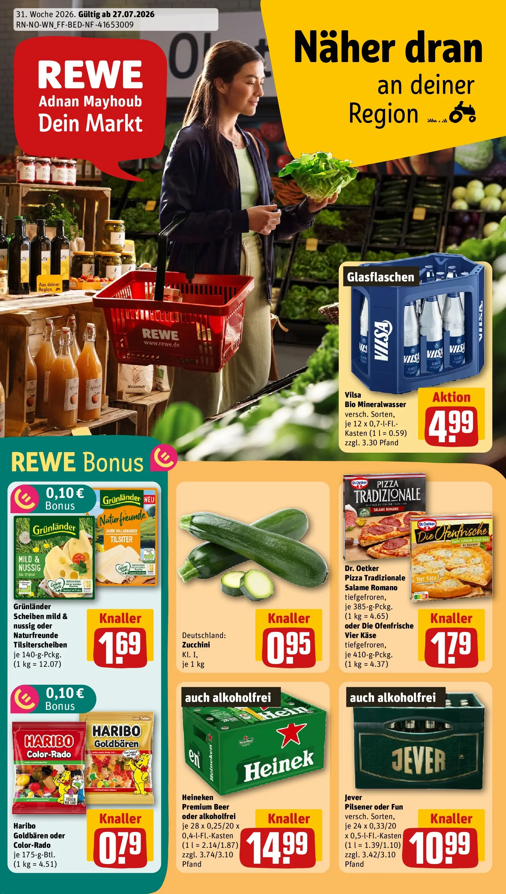 REWE Prospekt ab 27.07.2026 zum Blättern » Angebote | Seite: 1 | Produkte: Haribo, Ofenfrische, Heineken, Zucchini