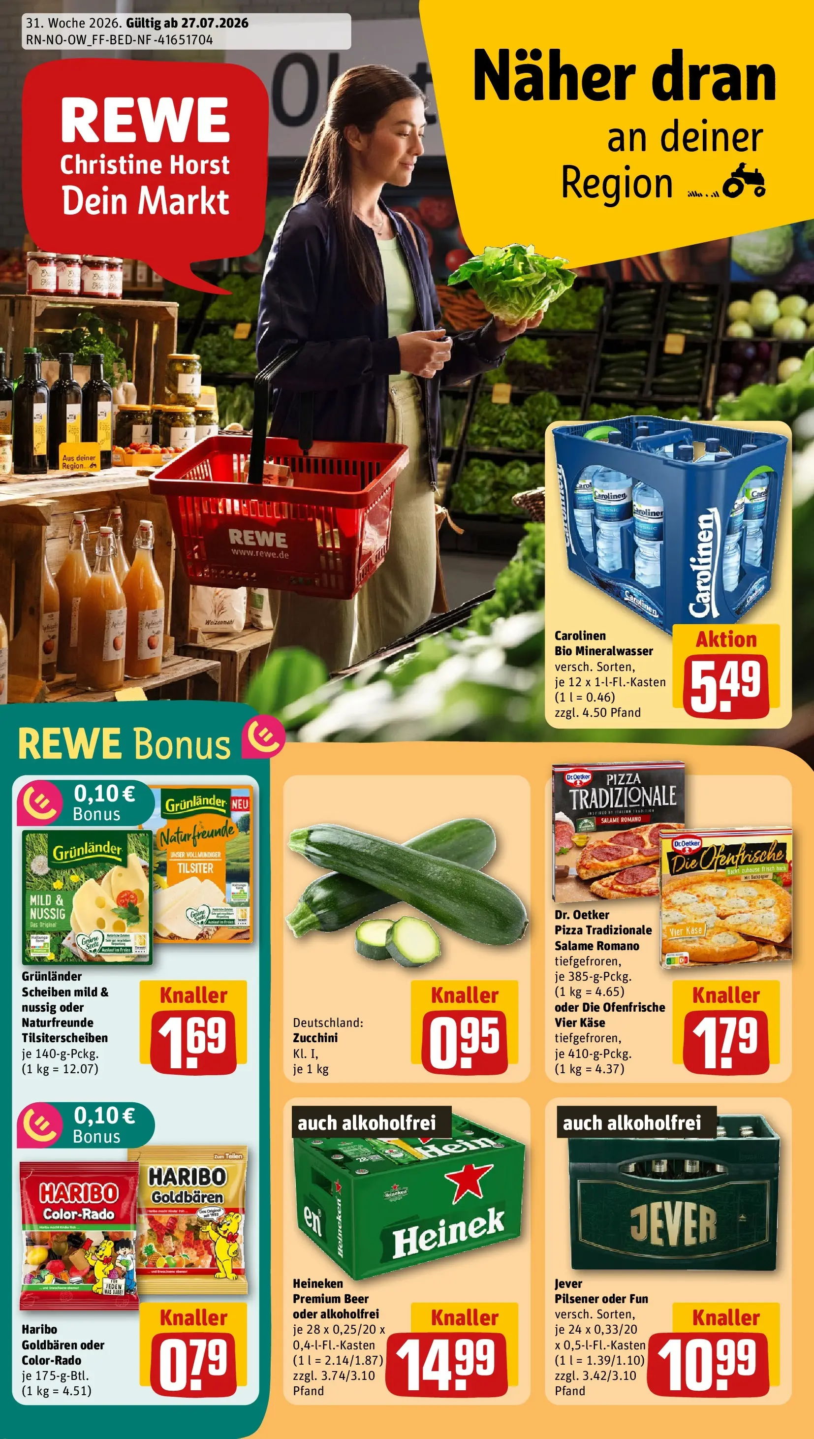 REWE Prospekt ab 27.07.2026 zum Blättern » Angebote | Seite: 1 | Produkte: Haribo, Weizenmehl, Mineralwasser, Jever