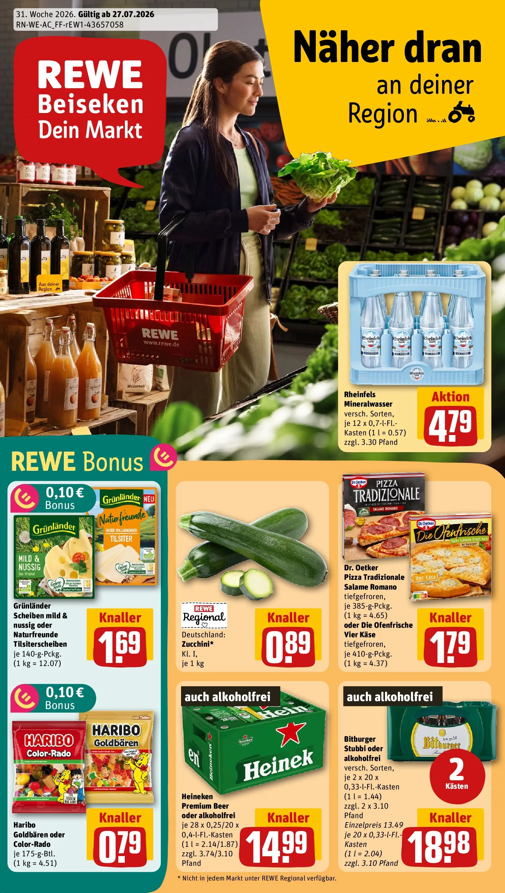 REWE Prospekt ab 27.07.2026 zum Blättern » Angebote | Seite: 1 | Produkte: Bitburger, Mineralwasser, Grunlander, Pizza