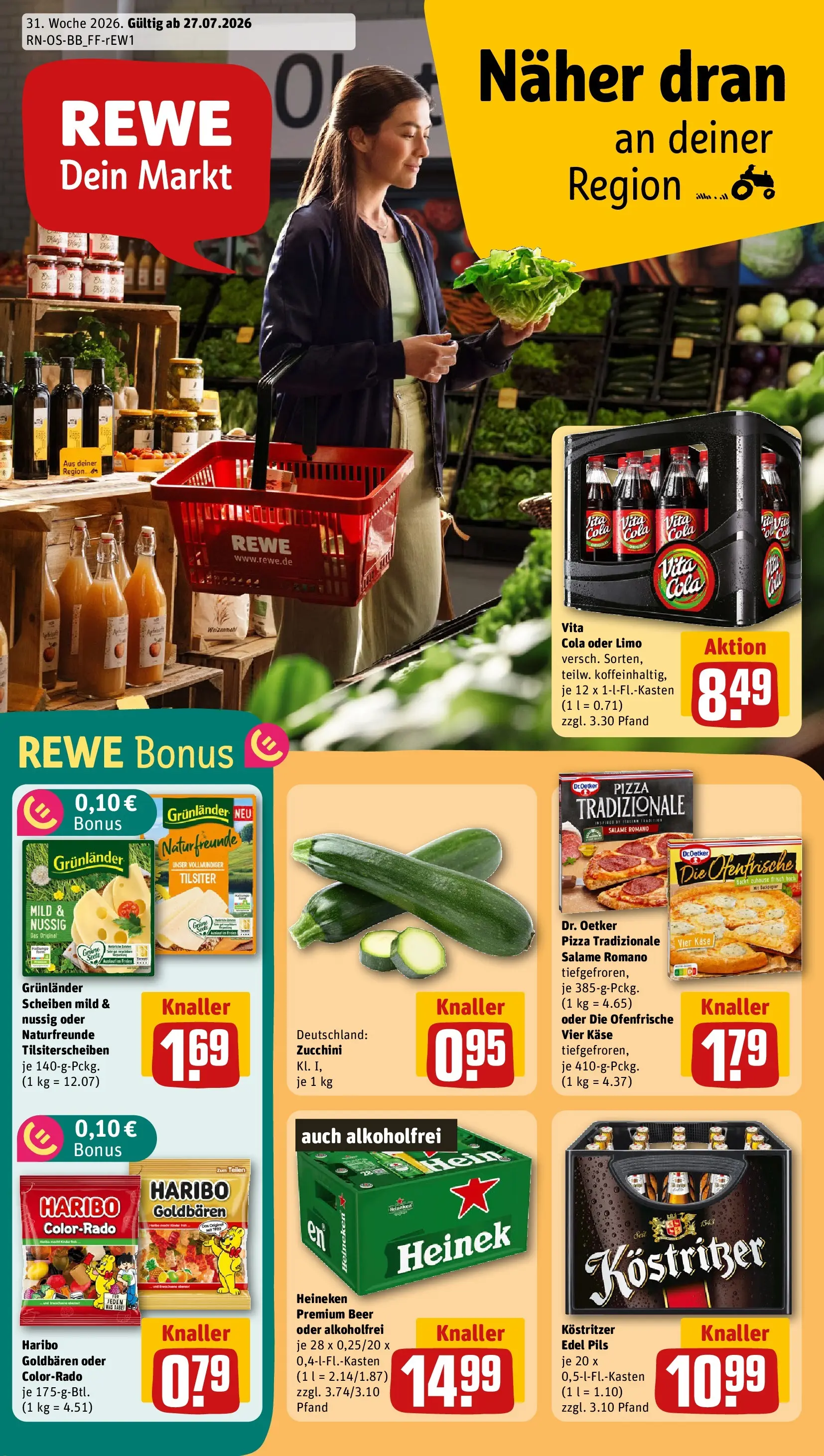 REWE Prospekt ab 27.07.2026 zum Blättern » Angebote | Seite: 1 | Produkte: Käse, Kostritzer, Heineken, Zucchini