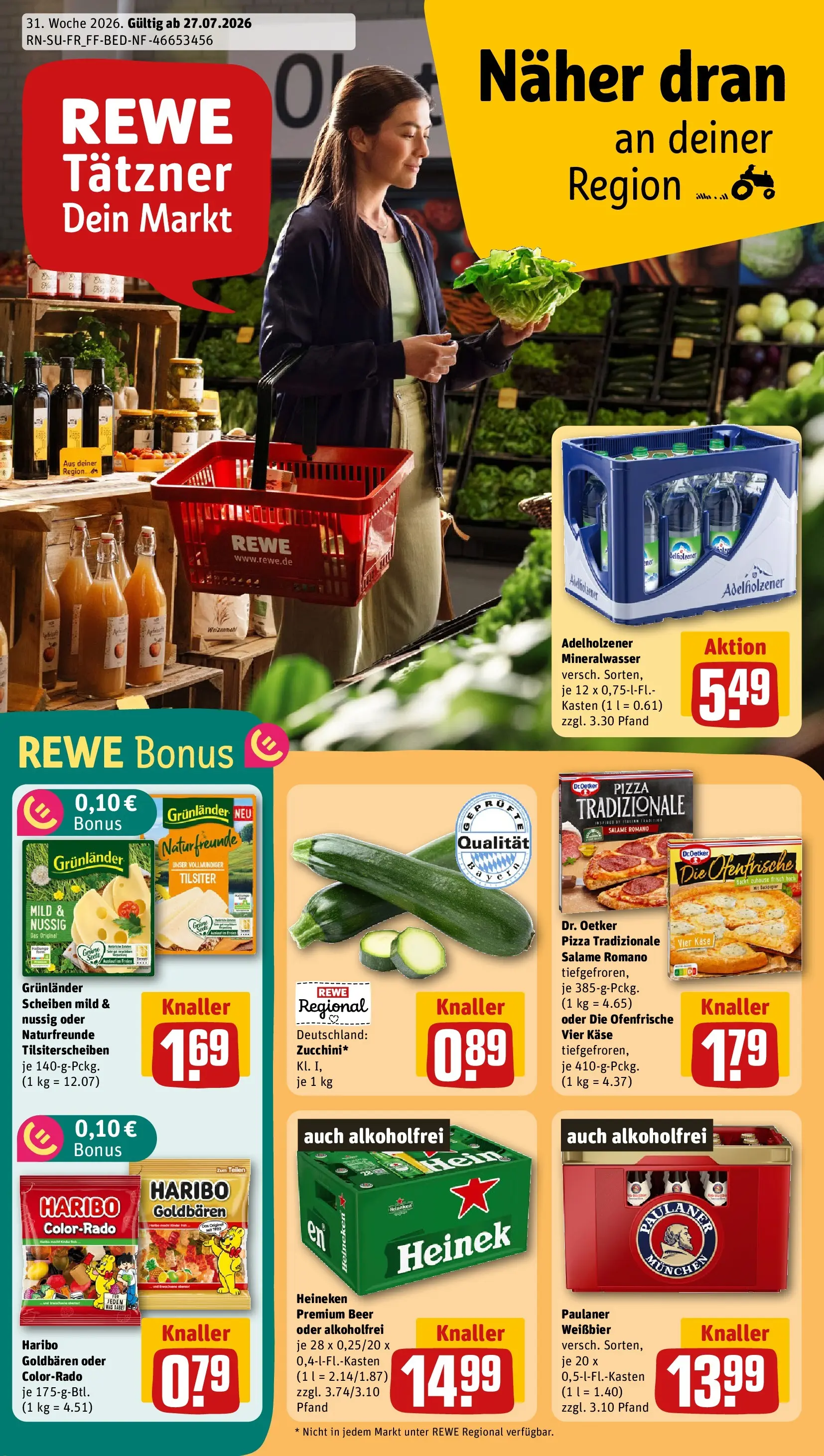 REWE Prospekt ab 27.07.2026 zum Blättern » Angebote | Seite: 1 | Produkte: Haribo, Weißbier, Heineken, Grunlander