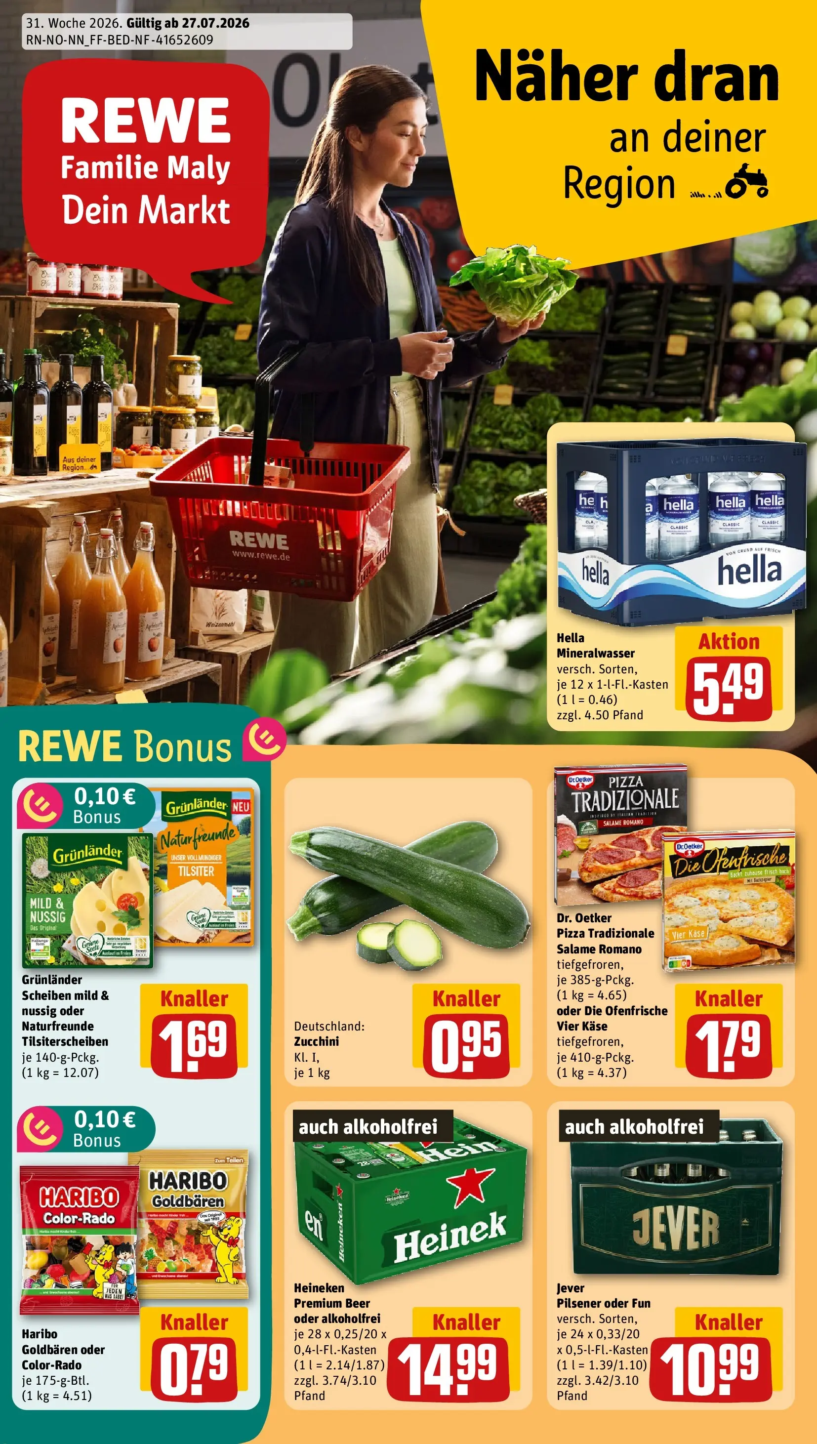 REWE Prospekt ab 27.07.2026 zum Blättern » Angebote | Seite: 1 | Produkte: Heineken, Hella, Pizza, Zucchini