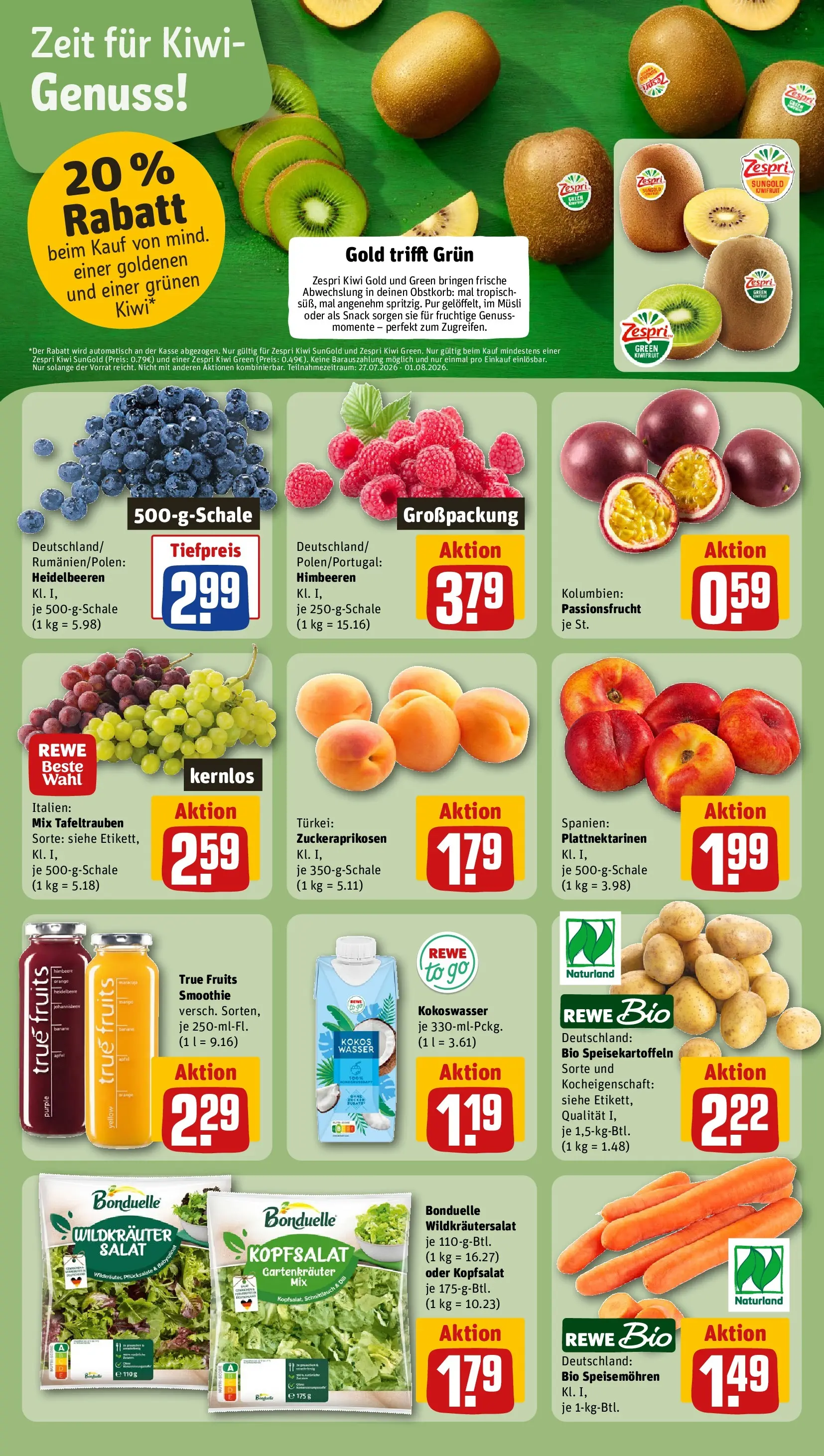 REWE Prospekt ab 27.07.2026 zum Blättern » Angebote | Seite: 4 | Produkte: Musli, Äpfel, Wasser, Salat