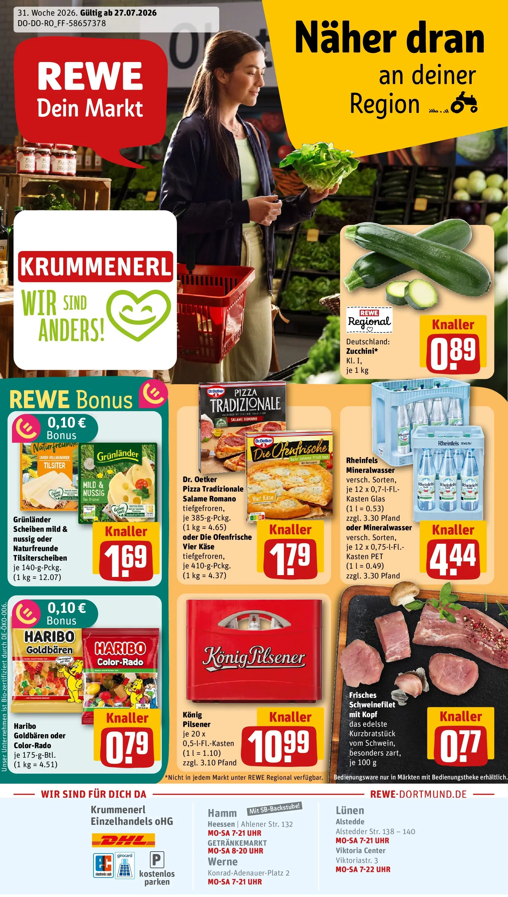 REWE Prospekt ab 27.07.2026 zum Blättern » Angebote | Seite: 1 | Produkte: Mineralwasser, Schweinefilet, Grunlander, Uhr