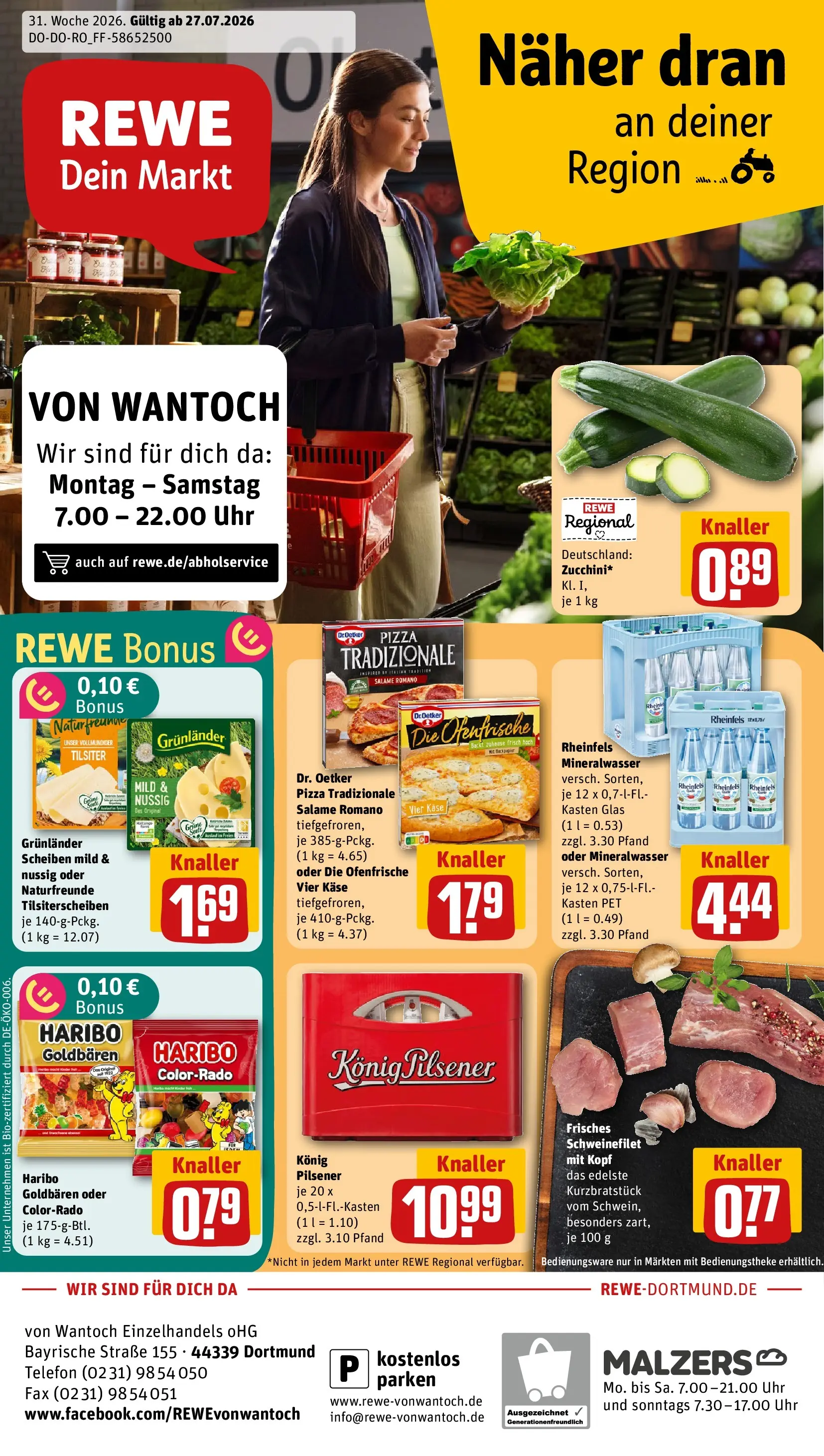 REWE Prospekt ab 27.07.2026 zum Blättern » Angebote | Seite: 1 | Produkte: Mineralwasser, Pizza, Telefon, Uhr