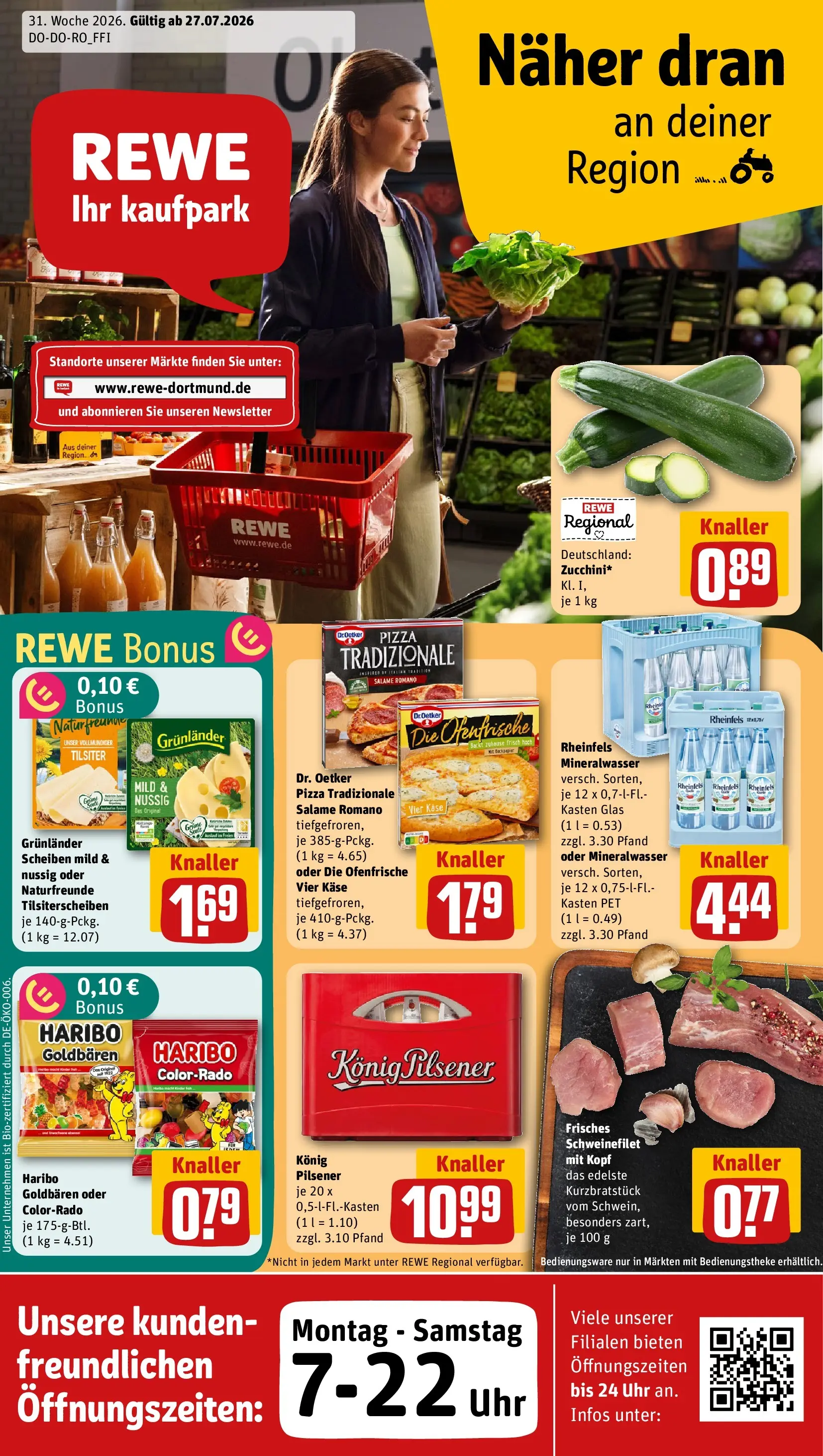 REWE Prospekt ab 27.07.2026 zum Blättern » Angebote | Seite: 1 | Produkte: Haribo, Mineralwasser, Schweinefilet, Grunlander