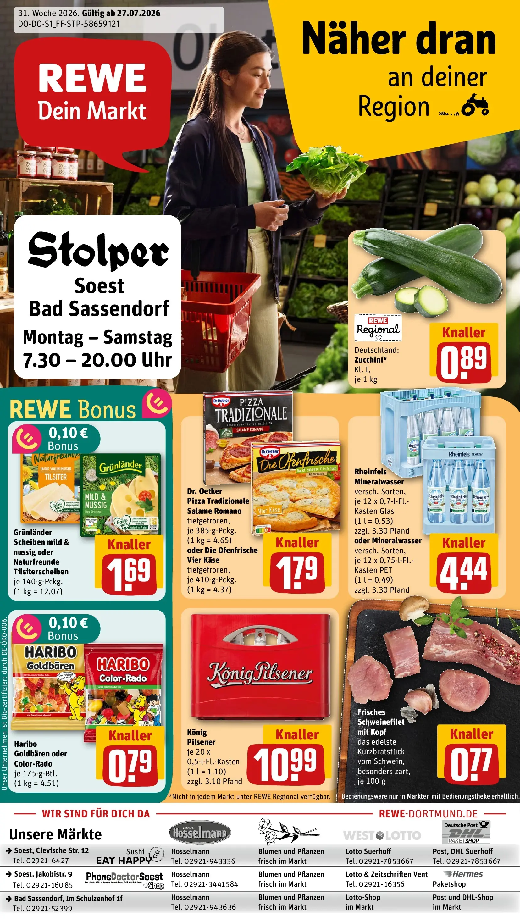 REWE Prospekt ab 27.07.2026 zum Blättern » Angebote | Seite: 1 | Produkte: Ofenfrische, Grunlander, Pizza, Uhr