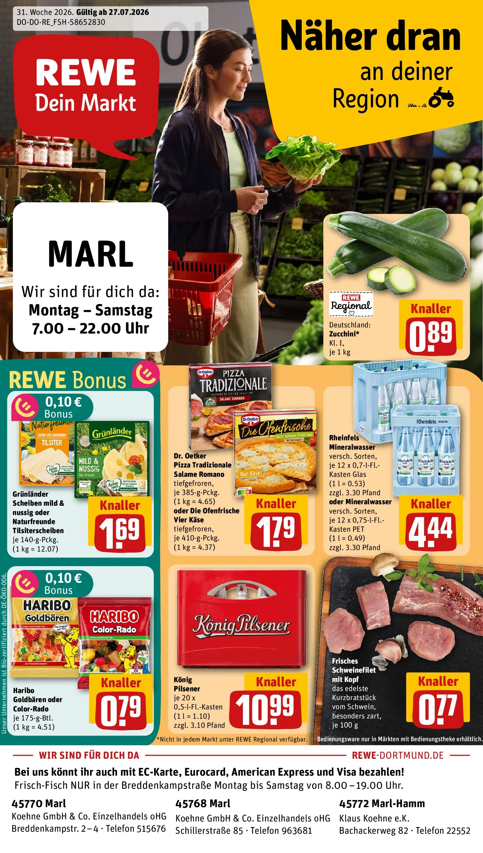 REWE Prospekt ab 27.07.2026 zum Blättern » Angebote | Seite: 1 | Produkte: Mineralwasser, Schweinefilet, Pizza, Telefon